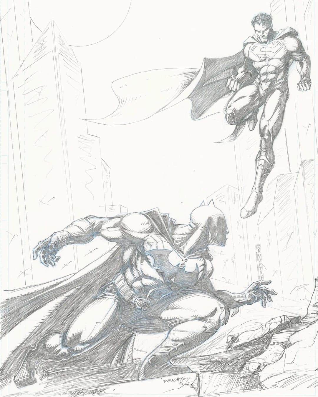 クリス・ドートリーのインスタグラム：「Here’s my original pencils for the Batman #50 cover!  Swipe ⬅️ to see @jimlee revisions! As you can see, he changed the background to an amazing environment of rubble and debris caused by a pissed off Superman! He also shrank Supes a bit in Photoshop and moved him closer to Bats. I love how it all came together! Couldn’t have done it with ya Jim!!!! 🙏🏻🙏🏻🦇🦇🦇 #batman #batmanday」