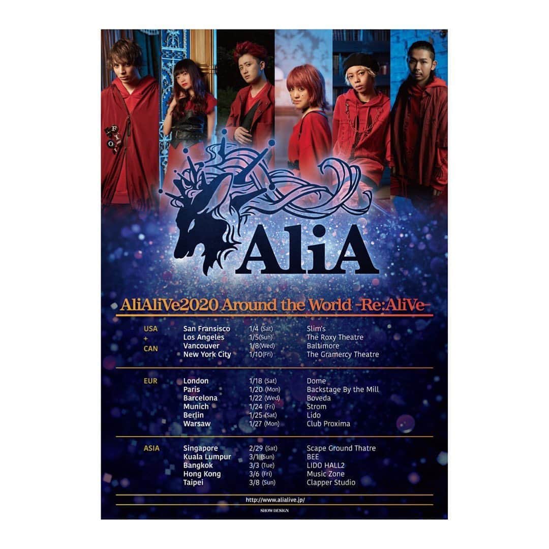 AliAさんのインスタグラム写真 - (AliAInstagram)「🎊NEWS🎊  We are happy to announce that we will go on our first WORLD TOUR!!!! "AliAliVe2020 Around the world -Re:AliVe-" details coming soon...!! 【Dates/Venues】 =US LEG= 2020/1/4 (Sat) SAN FRANSISCO [Slim’s] 2020/1/5 (Sun) LOS ANGELES [The Roxy Theatre] 2020/1/8 (Wed) VANCOUVER [Baltimore] 2020/1/10 (Fri) NEW YORK CITY [The Gramercy Theatre] =EUROPE LEG= 2020/1/18 (Sat) LONDON [Dome] 2020/1/20 (Mon) PARIS [Backstage By the Mill] 2020/1/22 (Wed) BARCELONA [Boveda] 2020/1/24 (Fri) MUNICH [Strom] 2020/1/25 (Sat) BERLIN [Lido] 2020/1/27 (Mon) WARSAW [Club Proxima] =ASIA LEG= 2020/2/29 (Sat) SINGAPORE [Scape Ground Theatre] 2020/3/1 (Sun) KUALA LUMPUR [The BEE] 2020/3/3 (Tue) BANGKOK [LIDO HALL2] 2020/3/6 (Fri) HONG KONG [Music Zone] 2020/3/8/ (Sun) TAIPEI [Clapper Studio]  #AliA」9月21日 21時22分 - alia___official