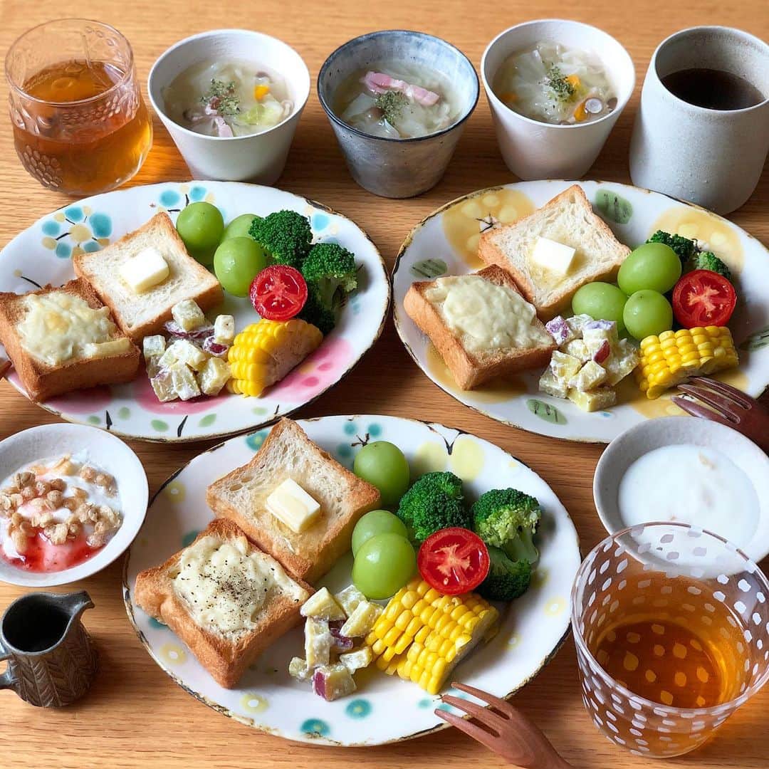 みかさんのインスタグラム写真 - (みかInstagram)「2019.9.22  おはようございます  今日のあさごはんは * ・チーズ&バタートースト ・野菜スープ ・さつまいもサラダ ・とうもろこし ・ブロッコリー ・フルグラヨーグルト ・ぶどう *  昨日から夫と長男が 学校に泊まるイベントへ。 で、3人でごはん。 *  今朝は365日の 365日（食パン）で。 リッチな味わいがたまらない〜 なにのせてもつけても美味しい。  あとは野菜スープに さつまいもサラダ。 マヨ切らしてたのでヨーグルトで 和えてみたらなかなか。 隠し味にちょいバターも *  そんなこんなでもう長男帰宅〜 キャンプファイヤーしたり みんなでカレー食べたり 楽しかった模様。 *  朝ラン記録🏃‍♀️ 8.05km45.19min 3日ぶり！ ほんとすっかり秋。 空気が違う〜 気持ちよかった✨ *  #あさごはん#朝ごはん#朝ごパン#365日#食パン#トースト#チーズトースト#野菜スープ#野菜ごはん#パン大好き#石木文#戸田文浩#桑原典子#辻和美#breakfast#morning#cooking#toast#igersjp#locari#yutakana_syokutaku#macaronimate#朝時間#朝美人アンバサダー#おうちごはん#おうちごはん記録#おうちごはんlover#フーディーテーブル」9月22日 8時42分 - mikasko