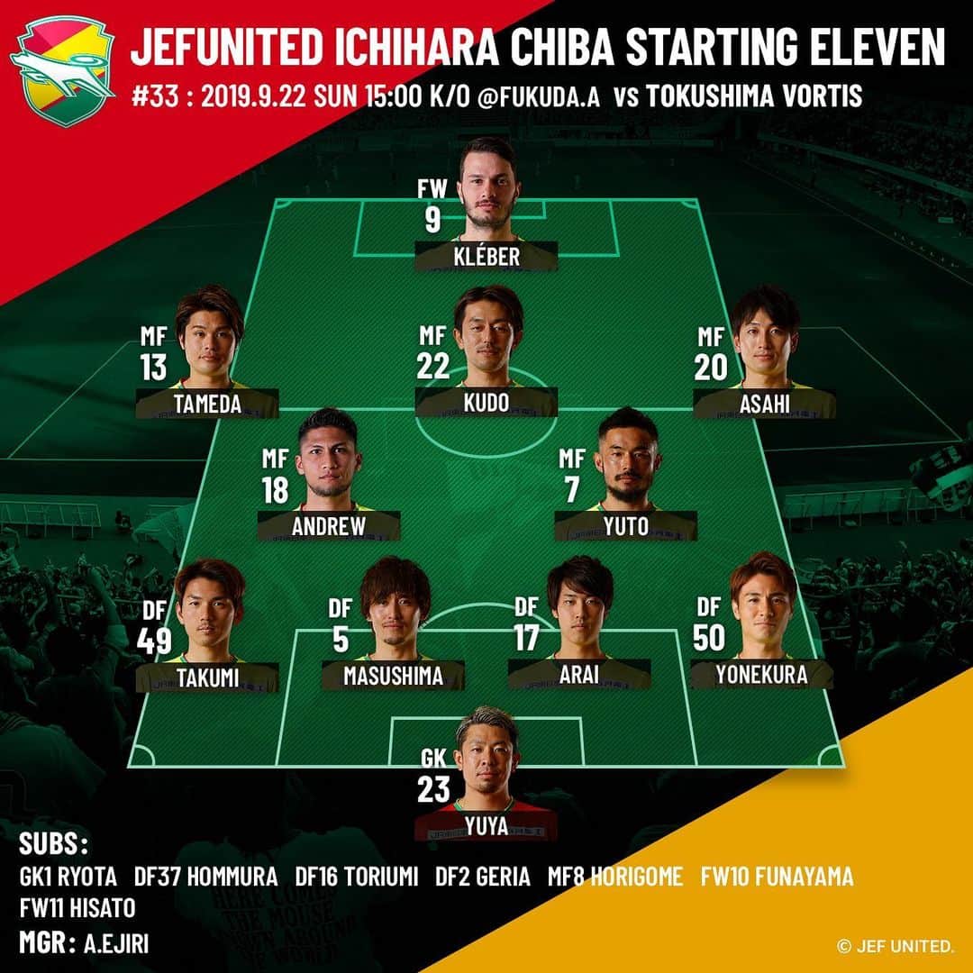 ジェフユナイテッド市原・千葉のインスタグラム：「#33: 2019.9.22 SUN 15:00 K/O @FUKUDA.A  vs TOKUSHIMA VORTIS JEFUNITED ICHIHARA CHIBA STARTING XI #jefunited  #ジェフ千葉 #徳島ヴォルティス #スターティングメンバー #明治安田生命J2リーグ #jleague #Jリーグ」