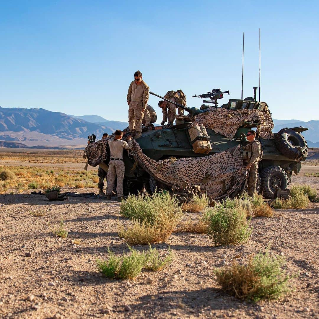 アメリカ海兵隊さんのインスタグラム写真 - (アメリカ海兵隊Instagram)「Make Yourself At Home  Marines with 3rd Light Armored Reconnaissance Battalion, @1st_Marine_Div, camouflage a Light Armored Vehicle during a Marine Corps Combat Readiness Evaluation at @thecombatcenter.  #USMC #Military #Marines #Training #FieldLife」9月22日 21時56分 - marines