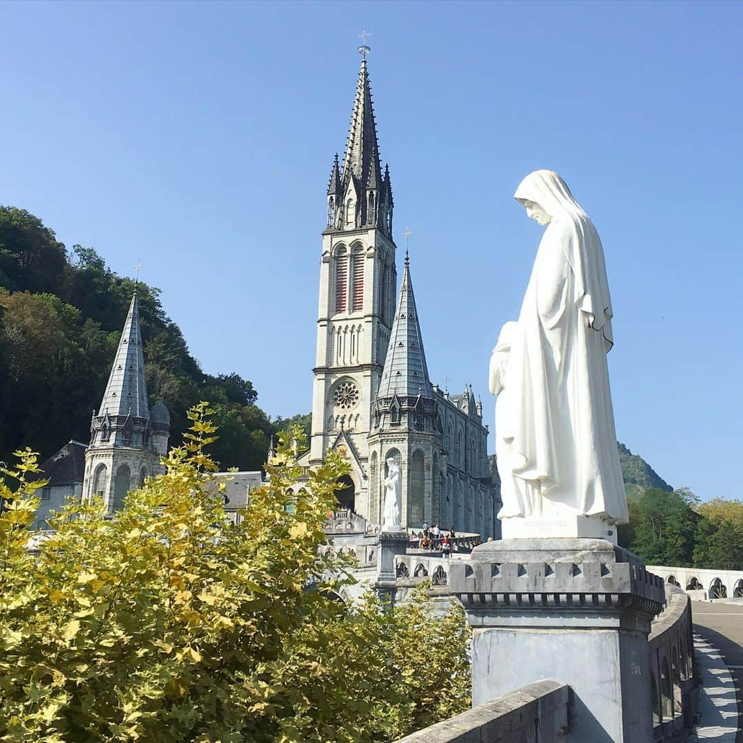 bon ponさんのインスタグラム写真 - (bon ponInstagram)「南フランス オクシタニー地方の旅🇫🇷 9月17日(火)続き 【ロザリオ・バジリカ聖堂】 1889年に完成したロザリオ聖堂と、1876年に聖母マリアに捧げられたバジリカ聖堂（無原罪のお宿り聖堂）が重なる形で佇みます。また、地下には聖ピオ10世の地下バジリカ聖堂があります。あらゆる病気やけがを持った人でもはいれるように配慮された広い空間と、祭壇が空間の中央にあり、周囲を囲む人々に向けて６言語で行われる礼拝が特徴です。 ＊ 広大な地下聖堂は、ベッドに横たわったままでも御ミサに与れるように、祭壇の周りに広いスペースがとられていました。 聖堂を支える柱は可動式で、耐震構造になっているそうです。 ・ ランチは、素敵なホテル内のレストラン『Gallia et Londres』でいただきました🍴 イカ墨のパスタ添えのホタテ料理がとても美味しかったです。もちろんデザートも😍😍 ・ ランチの後は、一路ポー空港へ向けて車を走らせました🚙 ポー空港で、ガイドと車の運転でずっとお世話になったノブコさんとお別れしました🤝😊😊👋 私達とフランス観光開発機構のナツミさんは、シャルル・ド・ゴール空港に向かいました✈️ ・ @Tourisme_en_Occitanie ・ ・ #TourismeOccitanie #DestinationPyrenees #Lourdes #フランス観光開発機構 #南フランス #オクシタニー地方 #ルルド #夫婦 #60代 #ファッション #コーディネート #リンクコーデ #夫婦コーデ #グレイヘア #白髪 #共白髪 #couple #over60 #fashion #coordinate #instafashion #instagramjapan #greyhair #bonpon511 ・ 終わり」9月23日 22時20分 - bonpon511