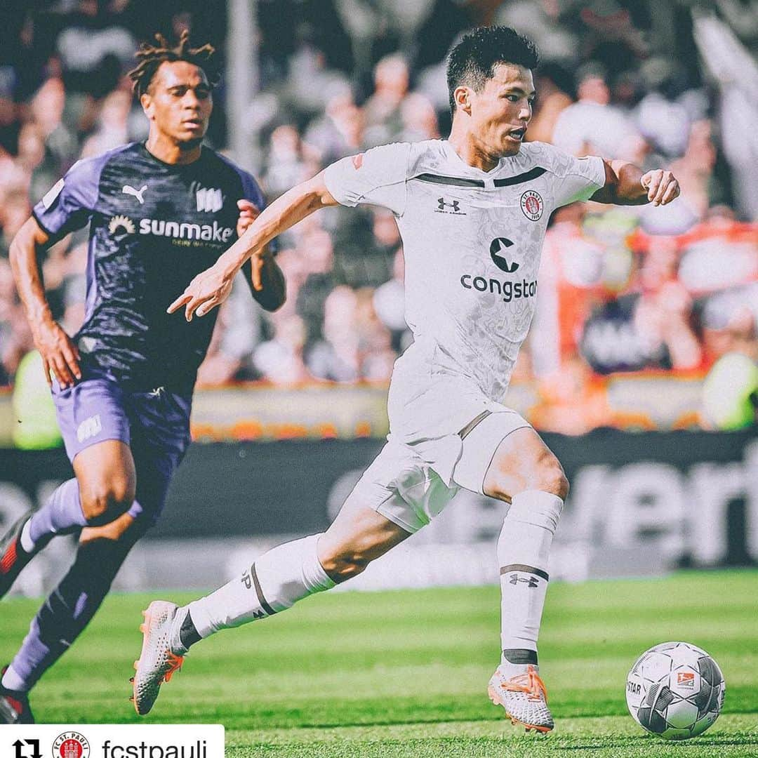 宮市亮のインスタグラム：「#Repost @fcstpauli ・・・ Ryo, Du Rakete! 🚀  Mit einer Höchstgeschwindigkeit von 35,17 km/h knackte @ryo381 gestern als Erster in der 2. Bundesliga in dieser Saison die Grenze von 35 km/h. Damit ist er der bislang schnellste Spieler der Liga! _____  お陰様でリハビリとトレーニングの成果出てます! @tatsuo.sugimoto  #fcsp #fcstpauli #stpauli #kiezkicker #miyaichi」