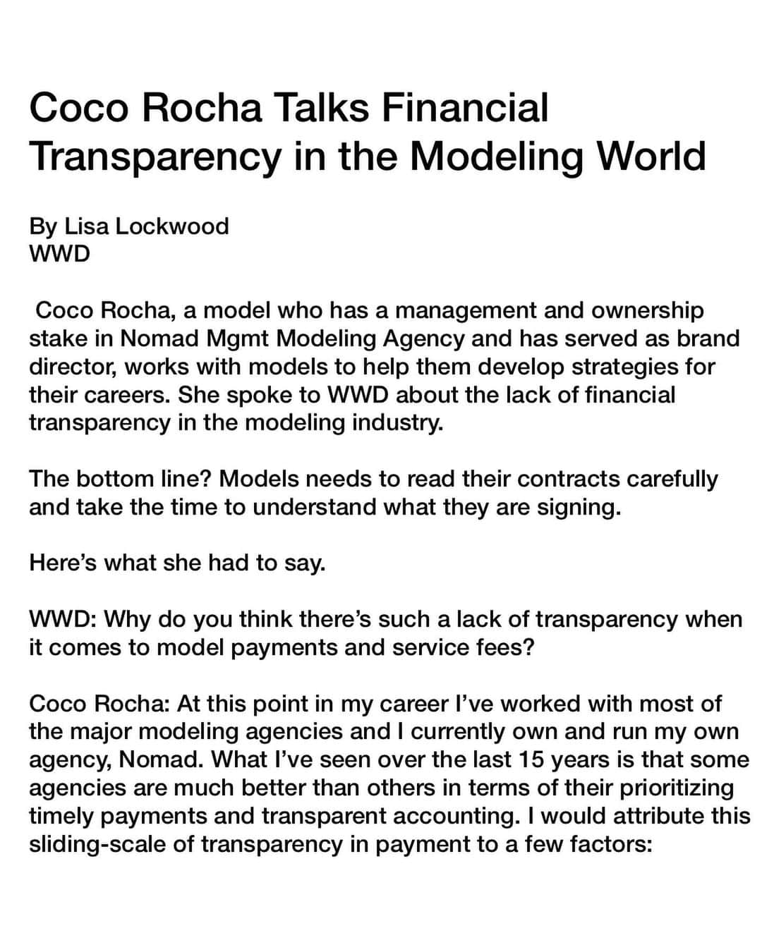 ココ・ロシャさんのインスタグラム写真 - (ココ・ロシャInstagram)「Educating and protecting the next generation of models has been something I’ve worried about for years. One of the most crucial parts of the syllabus I teach at @cocorochamodelcamp (outside of the fun pose and runway classes) is helping models understand what is really going on in the murky waters of the modeling industry. I sincerely thank @WWD for giving me a full page to let me discuss to an even wider audience my thoughts and concerns on financial transparency. If you’re a model, I do think this is worth considering - and if you know a model who could benefit from this advice, please tag him or her in the comments. Always with love, Coco.」9月24日 1時49分 - cocorocha