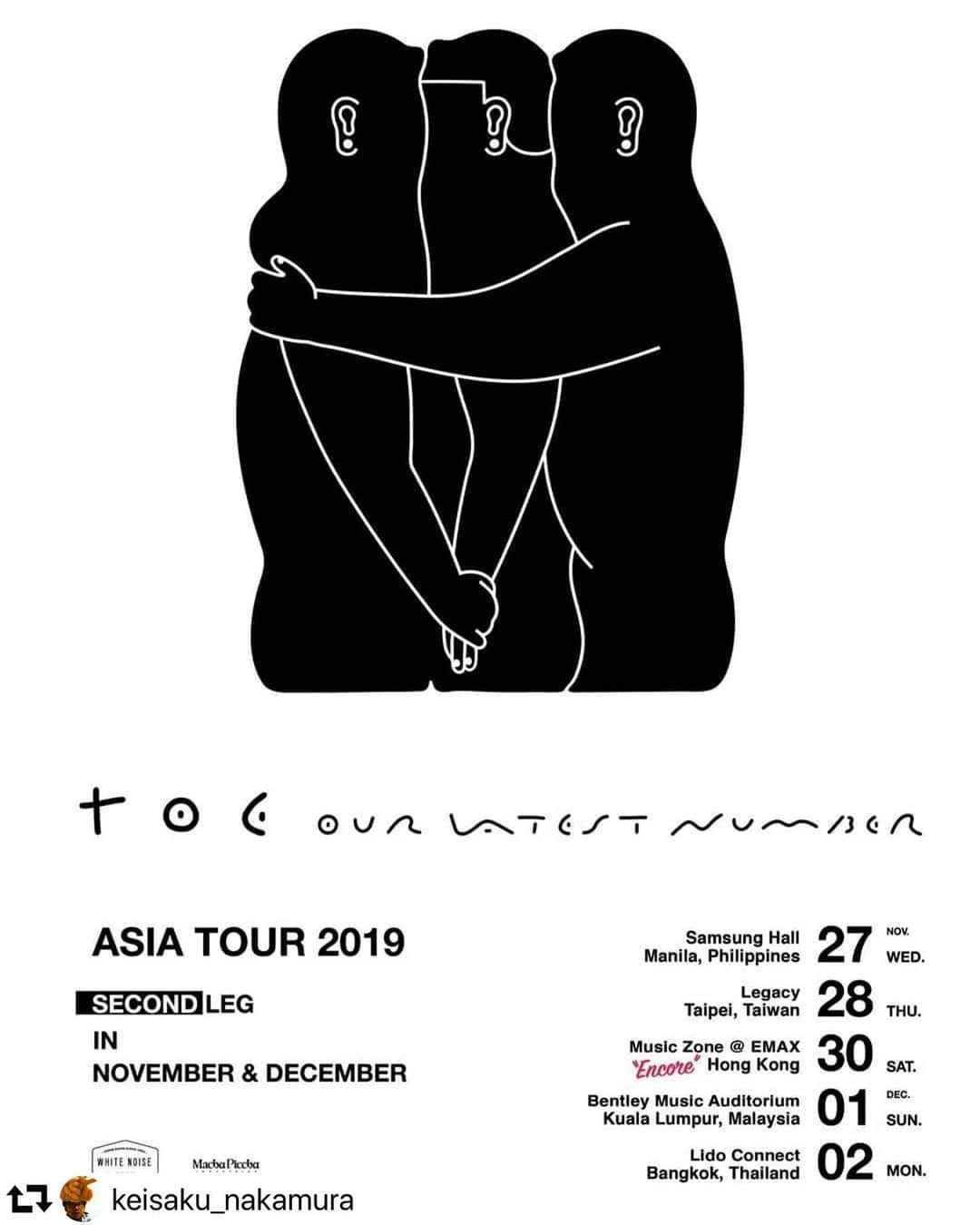 山嵜廣和のインスタグラム：「Yeah 😎😎😎 #repost @keisaku_nakamura ・・・ we are delighted to announce the return to ASIA tour ~second leg~ . * toe - OUR LATEST NUMBER ~ Asia Tour 2019 ~ SECOND LEG * ====== Live in Manila, Philippines Date: Nov 27, 2019 Venue: Samsung Hall / SM Aura Time: Doors open 7pm Tickets Available at: THISISPOP! * ====== Live in Taipei, Taiwan Date: Nov 28, 2019 Venue: Legacy Time: Doors open 7pm, start 8pm Online Ticketing: http://bit.ly/toe_taipei2019 * ====== Live in Hong Kong "Encore" Date: Nov 30, 2019 Venue: Music Zone @ E-max, KITEC  Time: Doors open 7pm, start 8pm Ticket Details will be announced shortly * ====== Live in Kuala Lumpur, Malaysia Date: Dec 1, 2019 Venue: Bentley Music Auditorium Time: Doors open 7pm, start 8pm Online Ticketing: https://bit.ly/2kYC70m * ====== Live in Bangkok, Thailand Date: Dec 2, 2019 Venue: Lido Connect Time: Doors open 8pm, start 9pm Online Ticketing: ticketmelon.com * #toeasiatour2019secondleg」