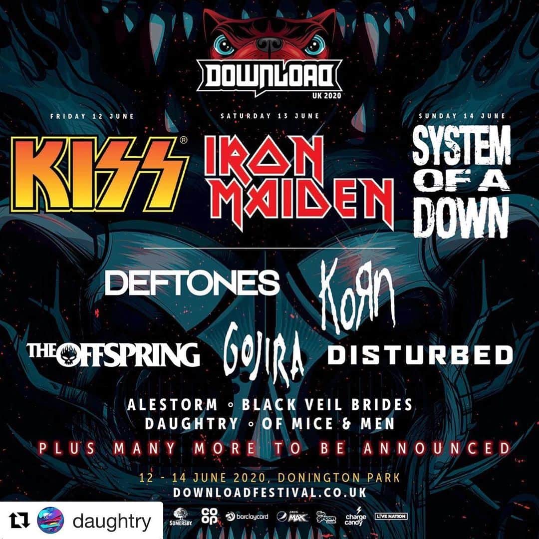 クリス・ドートリーのインスタグラム：「So pumped to be on this lineup!!!!!!! #Repost @daughtry with @get_repost ・・・ We are THRILLED to announce we'll be back the #UK for @DownloadFest this June! 🤘🤘🤘 #DL2020 Tickets on sale this Wednesday Sept 25th. Link in bio 🎟 ☝️ LET'S GO! 🔥」