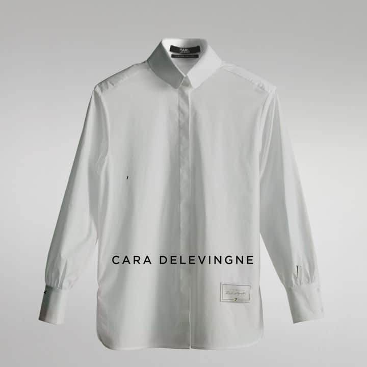 カーラ・デルヴィーニュのインスタグラム：「I’m so honored to be part of this incredible project and to have designed my own white shirt to pay tribute my dear friend @karllagerfeld.  Inspired by Karl's lucky number, seven of the exclusive white shirts will be replicated 77 times each and sold for €777 per piece. The entire sales proceeds will be donated to the "Sauver la Vie" charity for medical research, which Karl supported for many years. #TributeToKarl @sauverlavie @farfetch」