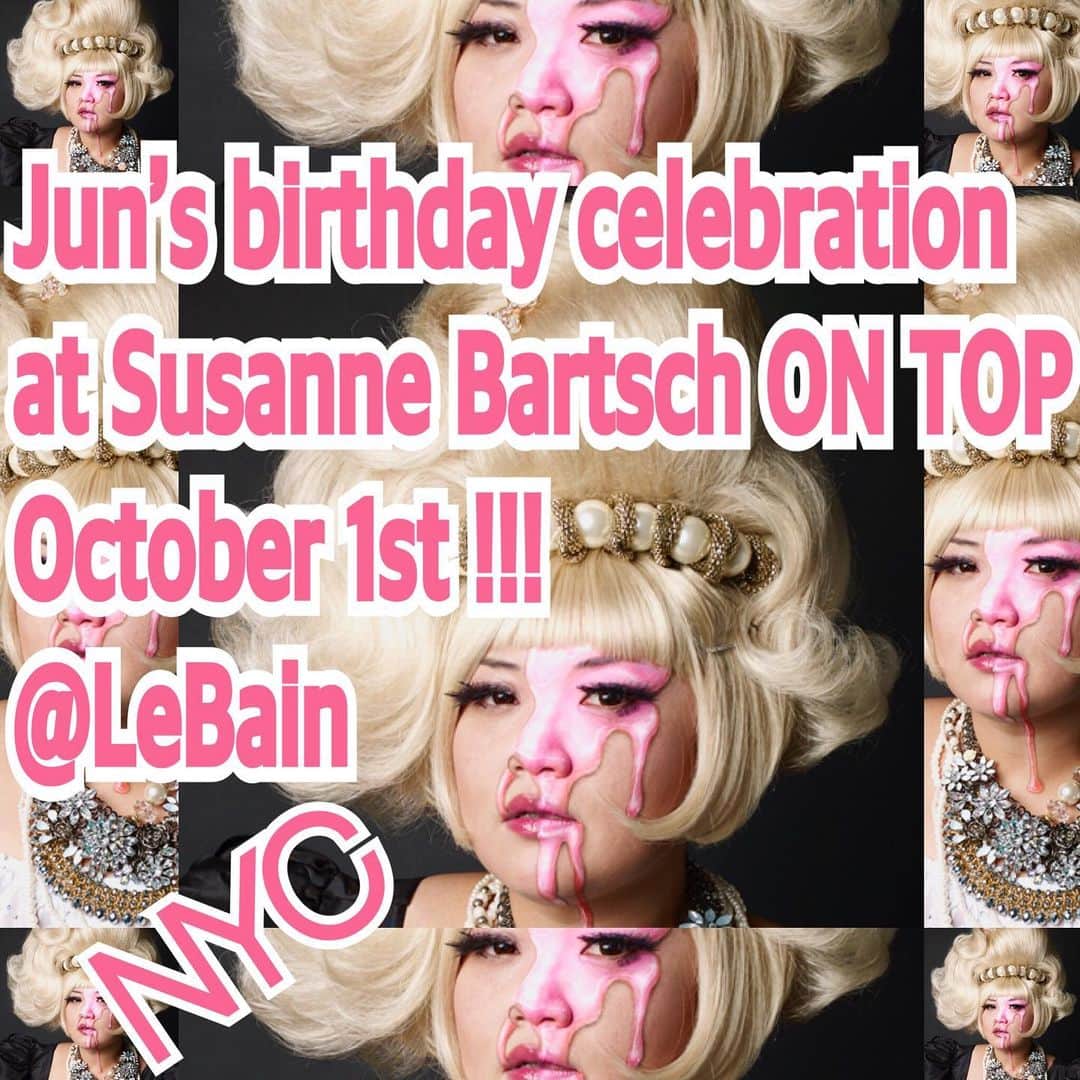 ジュン中山のインスタグラム：「Save the date #savethedate October 1st My birthday celebration ㊗️✨🎉🎂💓🗽🇺🇸🌈🦄🧚‍♀️🥂🥳 please say u r juns guest at the door @bartsch_documentary  #ontop #netflix @bartschland @lebainnyc #clubkids #birthday #nightlife  #newyork #faghag #fruitfly  #iconic #celebrity photo: kodama make up: @amazing_jiro  hair: @steven_perfidia」