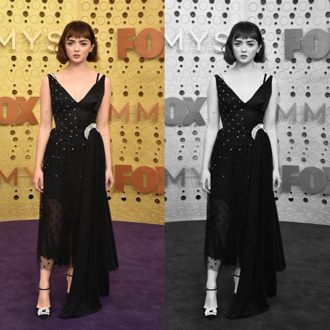 メイジー・ウィリアムズのインスタグラム：「What a dream come true 🖤 I feel so honoured to have shared the Emmy’s stage with the most wonderful cast of all time, for the last time, picking up best show for Game of Thrones. 10 years of joy, mud and magic. Thank you. To celebrate our final year, I was lucky enough to wear this custom collaboration between Reuben Selby and JW Anderson. Many hours, many pleats, and MANY CRYSTALS. Thank you for making my red carpet dreams come true - I felt unstoppable. 🖤」
