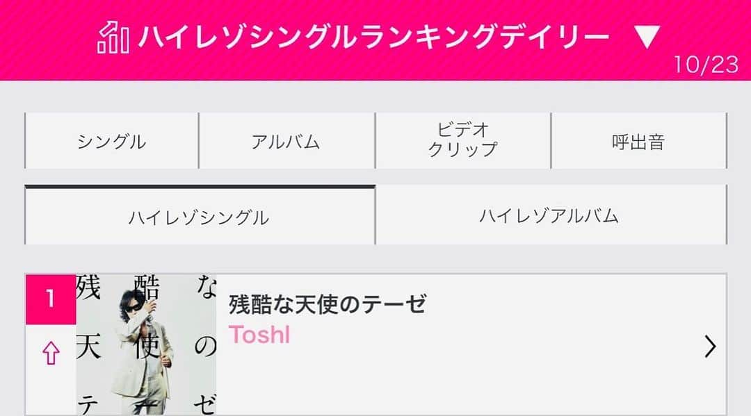 Toshlさんのインスタグラム写真 - (ToshlInstagram)「#残酷な天使のテーゼ #10月23日 #先行 #配信 #リリース #おかげさまで #チャート #1位 #頂きました #多くの #皆様に #聴いて #下さり #本当に #嬉しい #です ‼️」10月24日 11時25分 - toshl_officia