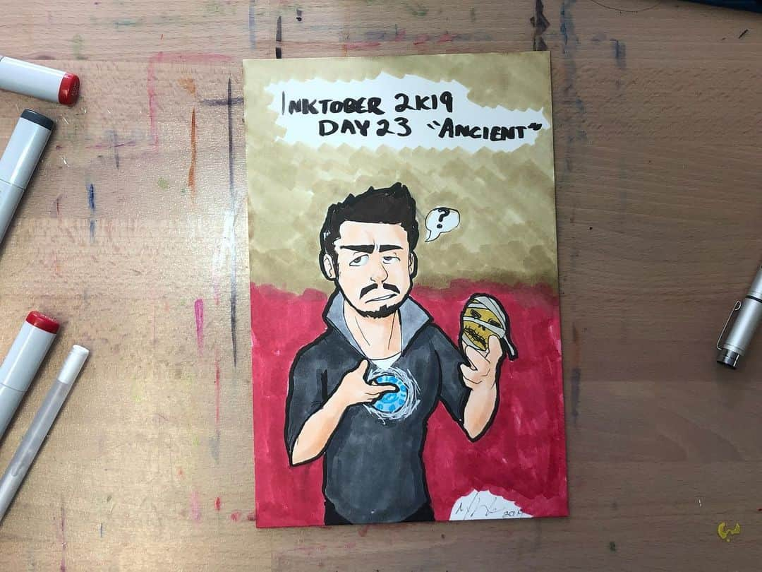 マックス・セットレージのインスタグラム：「#inkotber2k19 day 23 “Ancient” featuring Tony Stark! Suggested by @callieskates! Even tony be like “bruh” because I literally couldn’t think of anything that went with ancient but like, you know.」