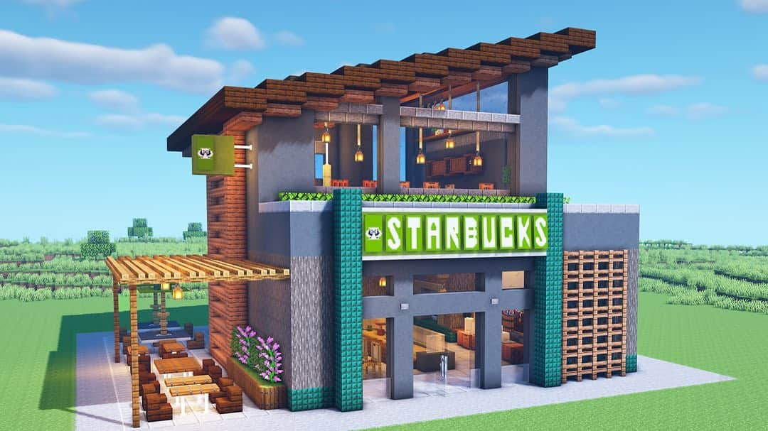 猫だるのインスタグラム：「I made Starbucks in minecraft. you can watch the tutorial video of this on my channel. the channel link is posted on my profile → @nekodaru_craft. .  #minecraftbuildings #minecraft  #minecrafters #minecraftonly #minecraftbuild  #mcbuilds #minecraftideas #minecraftdaily  #minecraftcreations #minecraftarchitecture #minecraftdesign  #minecraftinterior」