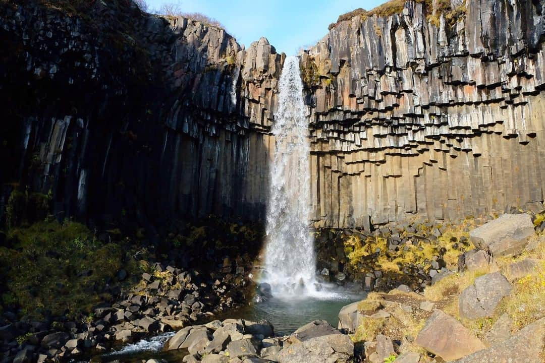 武智志穂さんのインスタグラム写真 - (武智志穂Instagram)「📍Svartifoss﻿ ﻿ 六角柱の黒い玄武岩が美しい滝・スバルティフォス。﻿ 片道30分ほどの爽快で気持ちのいいハイキングコースの先にあります🥾🍎﻿ パイプオルガンと例えられるのにも納得。﻿ 大きな滝ではありませんが、他には無い雰囲気のとても綺麗な滝でした✨﻿ ﻿ 割と観光客も少ない方だったので、ゆっくりと自分のペースで楽しみたい方にはオススメです。﻿ ハイキングコースからは氷河を見ることもできました！﻿ ﻿ ﻿ #志穂sTrip #Iceland #icelandtravel #火と氷の国 #svartifoss」10月20日 7時32分 - shiho_takechi