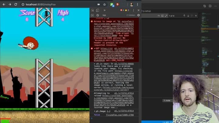 レッドフーのインスタグラム：「Highlights of fixing a bug 1 .... @2minutetennis_  said he got 391 and then it froze and didn’t save high score ouch!!! I fixed the bug by saving high score to database on window blur event.  Also now Users see their all time high score when playing if logged in! Whooooo.  Play noisyfoo.io. Make noise!!!! #javascript #codingtrain #p5js #vuejs #noisyfoo #letscode」