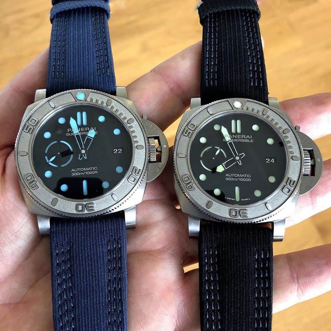 パネライのインスタグラム：「Some difficult choices for my buddy @juan_j4s  The #Panerai #PAM984 👉47mm Mike Horn Edition or the 👈 #PAM985 47mm Mike Horn Experience piece.  Both pieces are made of eco titanium which is recycled and each strap is made from 3 plastic bottles. Even the box it comes in is made from recycled materials. All this is in line with Mike Horn’s and Panerai’s commitment to the ecosystem and preserving the earth in any way.  #paneraicentral」