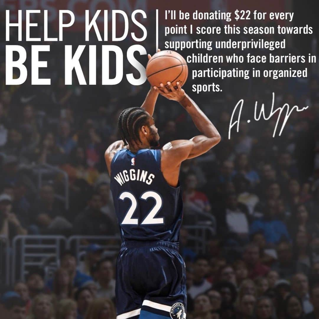 アンドリュー・ウィギンスのインスタグラム：「I’m proud to announce for the second year straight i’ll be donating $22 for every point I score towards supporting underprivileged children who face barriers in participating in organized sports. The goal is and will always be to help kids be kids and play sports!」