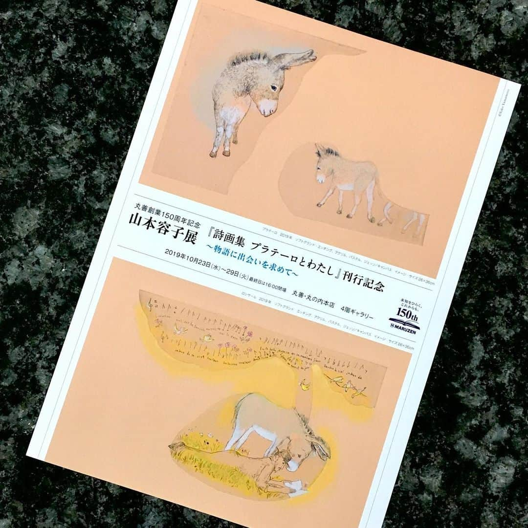 eclat.magazineさんのインスタグラム写真 - (eclat.magazineInstagram)「銅版画家・山本容子さんの展覧会が、10/23から丸善・丸の内本店４階ギャラリーで始まります。 . もともと古典文学を独自の解釈とスタイルで絵画化した作品の多い山本さん。過去の名作もご覧いただけますが、今回の主役は、新刊『詩画集 プラテーロとわたし』のための新作群。 . スペインのノーベル賞作家、フアン・ラモン・ヒメネスのエレジーを描くにあたり、あたたかなオレンジ色を塗ったキャンバス地に銅版を刷って、パステルを多用する新しい手法が生まれました。 . 出発点にあるのは、朗読とギターのための曲集『プラテーロとわたし』です(カステルヌオーヴォ=テデスコ作曲)。この28篇の"楽譜に合わせた邦訳"を、山本さんの敬愛するメゾソプラノ歌手・波多野睦美さんが手掛け、ギターの大萩康司さんと全曲録音に取り組むというのが、すべての始まりでした。詩と音楽と絵の、素敵なコラボレーションをぜひご覧ください。 . . ‪10/26(土)の17:00～18:00には、ミニトークとサイン会を実施。波多野さん×大萩さ‬んによる朗読&演奏も予定されています。参加ご希望の方は、10/23よりギャラリーにて本またはCDをお買い求めの上、整理券をお受けとりください（先着80名）。. . 「山本容子展～物語に出会いを求めて～」. 会期：‪10月23日(水)～29日(火)‬ . 会場：丸善・丸の内本店 ４階ギャラリー .‪千代田区丸の内１‬-６-４ 丸の内オアゾ内. 開場：‪9:00～21:00‬ （10/29は～‪16:00‬）. . （編集B）  #山本容子 #YOKOYAMAMOTO #銅版画 #PLATEROYYO #プラテーロとわたし #ヒメネス #ロバ #波多野睦美 #大萩康司 #テデスコ #ギター #丸善丸の内本店 #maruzen #展覧会 #アート展」10月21日 16時40分 - eclat.magazine