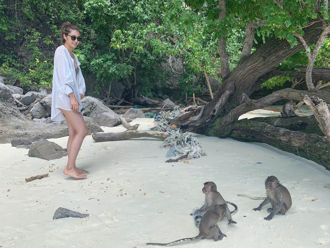 有末麻祐子さんのインスタグラム写真 - (有末麻祐子Instagram)「モンキービーチ🐒 こんなにも沢山の猿に囲まれたのはきっと人生初w しかも野生！でも野生なのでいい距離感を保たないと攻撃されちゃうので、気をつけたほうがいいです💥(3枚目がそれwボスっぽいのがお目当てのペットボトルを奪いこちらに向かってきたので私も即距離感を笑)」10月21日 21時42分 - mayukoarisue