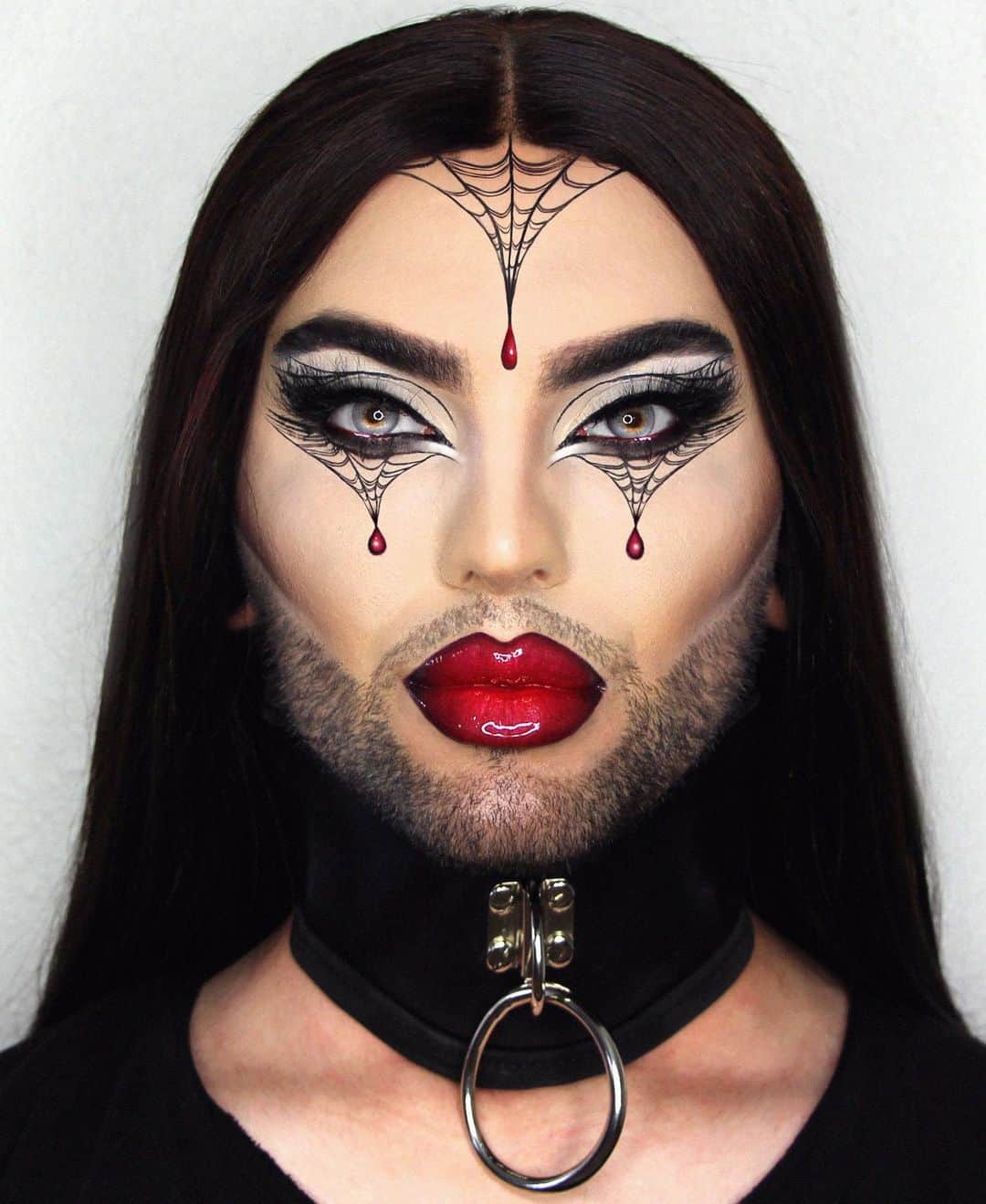 A riel D iazのインスタグラム：「🕷Black Widow🕸  Inspired by @milk1422 🕷  Eyes: @colourpopcosmetics smoke show palette & exit liner, @hauslabs liquid eye-lie-ner used all over my face as the web. @nubounsom dragon li lashes.  Lips:@hauslabs liquid eye-lie-ner & slayer rip liner & le riot entranced lipgloss. @fentybeauty uncensored lipstick (also used as drops on face)  Face: @ctilburymakeup airbrush flawless foundation & powder in 1 & 2. Film star bronze & glow 1. @doseofcolors hue  concealer.  Wig by @thevirginhairfantasy」