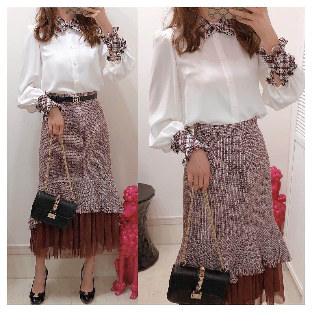 おまみさんのインスタグラム写真 - (おまみInstagram)「＊﻿ ＊﻿ coordinate 。♡﻿ ﻿ ﻿ tops:eimyistoire﻿ skirt:eimyistoire﻿ belt:gucci﻿ shoes:ferragamo﻿ bag:valentino﻿ ﻿ ﻿ @eimyistoire_official のツイードスカート 。♡﻿ ツイードブラウスと合わせて着たよ 。♡﻿ ﻿ ﻿ #coordinate #code #outfit #ootd #wear #fashion #コーディネート #コーデ #コーデ記録 #ファッション #ファッションコーデ #おまみ服 #今日のコーデ #eimyistoire #gucci #ferragamo #ferragamoshoes #valentino #valentinobag #グッチ #フェラガモ #ヴァレンティノ #秋服コーデ #秋服 #guccibelt #エイミーイストワール #eimy #ツイード #ロングスカート #コーデ日記」10月22日 22時15分 - 0mm157