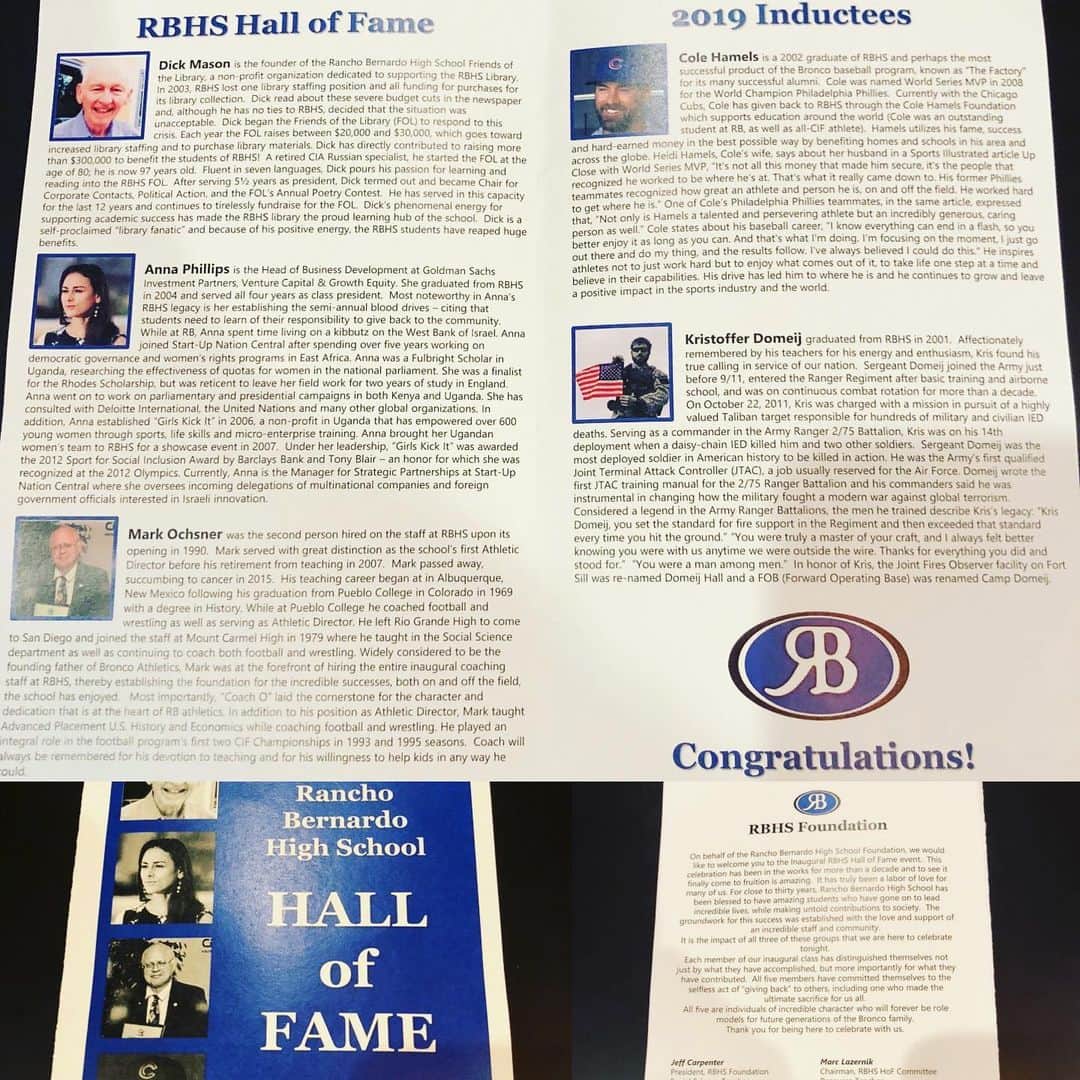 コール・ハメルズのインスタグラム：「Honored to be inducted into the @ranchobernardohighschool hall of fame 2019 this past weekend. Very blessed to be standing amongst the other recipients, these individuals are truly inspiring!! RB has had and will continue to have amazing people that pass through their gates! The community, faculty, staff, and students make this high school a wonder place to be a member of!! Thank you!! #broncospride」