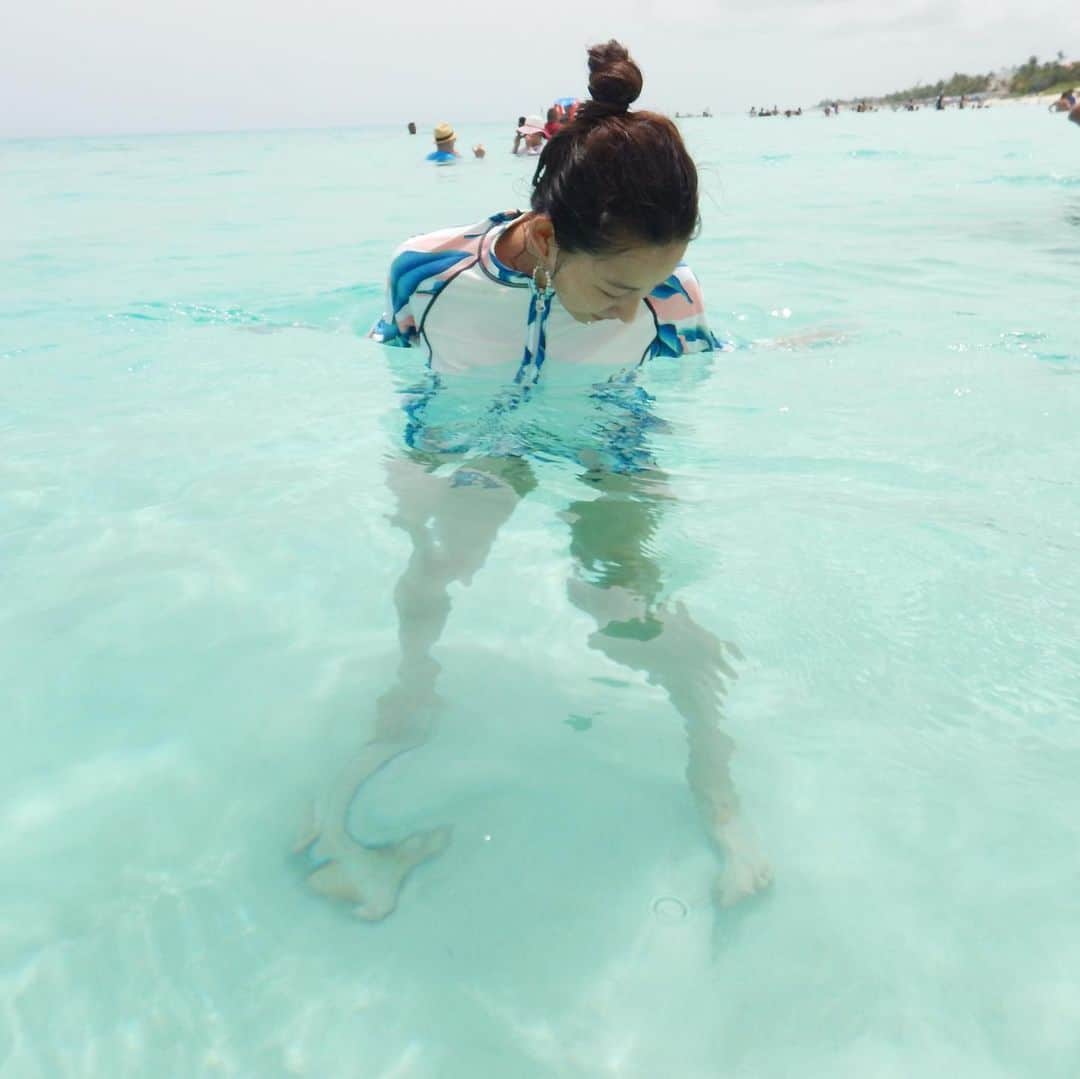 池田香織のインスタグラム：「久々に旅の写真を📷✨ キューバのバラデロの海はまるでプールのように透明で穏やか。 飲み物を持って海に入って輪になって寛いでる人が多くて、日本ではあんまり見ない光景で良かったなー。 #cuba #varadero」