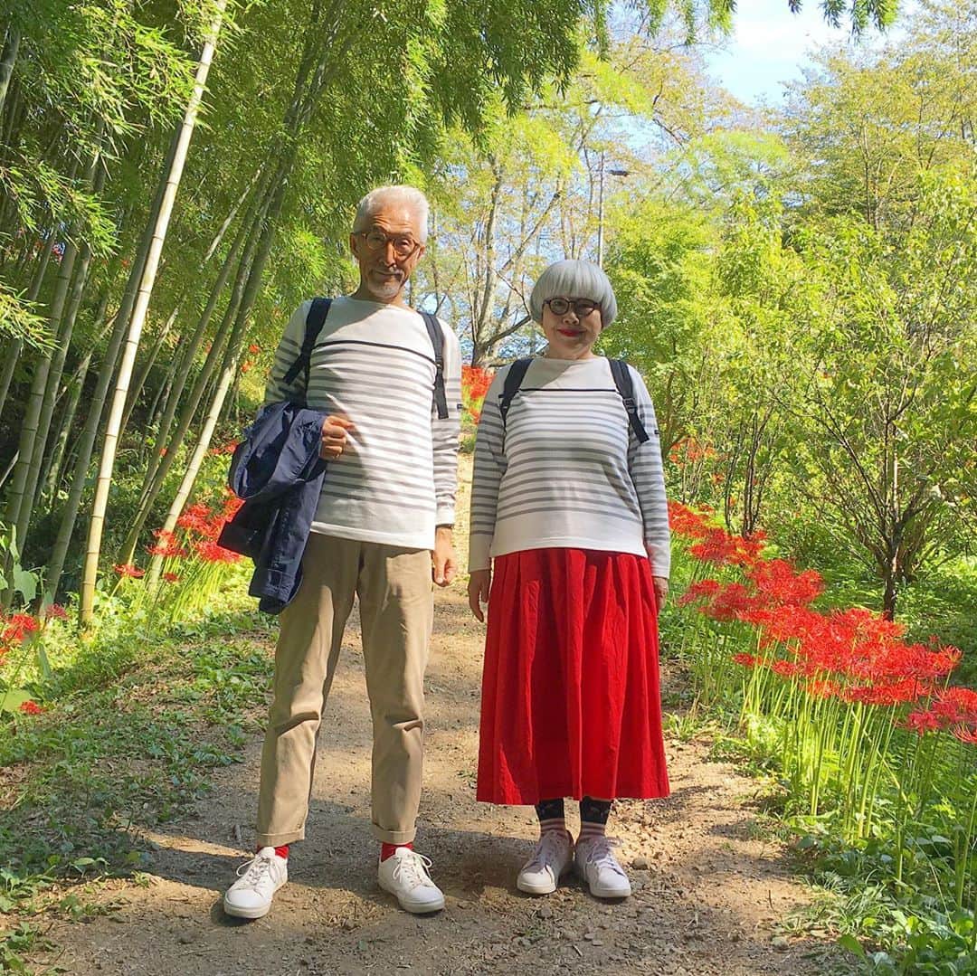 bon ponさんのインスタグラム写真 - (bon ponInstagram)「船岡城址公園の曼珠沙華(まんじゅしゃげ)が見頃だとTVのニュースで知って、見に行って来ました。 ・ 曼珠沙華は「天上の花」という意味で、良いことが起こる前触れには赤い花が天からふってくるといういい伝えがあるそうです。25万本の曼珠沙華(彼岸花)が咲き誇り、公園を赤く染めていました😍😍 ◆開催期間／2019年9月14日(土)〜10月6日(日) 当初は9月29日までの予定でしたが、1週間延長になりました。 ◆場所／柴田町船岡城址公園 ・ ・ #曼珠沙華まつり #船岡城址公園 #曼珠沙華 #彼岸花 #夫婦 #60代 #ファッション #コーディネート #リンクコーデ #夫婦コーデ #グレイヘア #白髪 #共白髪 #couple #over60 #fashion #coordinate #instafashion #instagramjapan #greyhair #bonpon511」10月1日 19時40分 - bonpon511