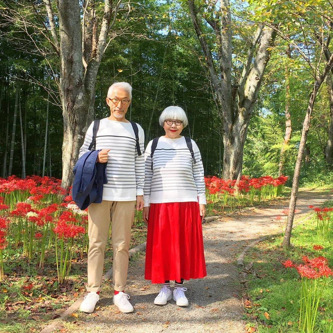 bon ponさんのインスタグラム写真 - (bon ponInstagram)「船岡城址公園の曼珠沙華(まんじゅしゃげ)が見頃だとTVのニュースで知って、見に行って来ました。 ・ 曼珠沙華は「天上の花」という意味で、良いことが起こる前触れには赤い花が天からふってくるといういい伝えがあるそうです。25万本の曼珠沙華(彼岸花)が咲き誇り、公園を赤く染めていました😍😍 ◆開催期間／2019年9月14日(土)〜10月6日(日) 当初は9月29日までの予定でしたが、1週間延長になりました。 ◆場所／柴田町船岡城址公園 ・ ・ #曼珠沙華まつり #船岡城址公園 #曼珠沙華 #彼岸花 #夫婦 #60代 #ファッション #コーディネート #リンクコーデ #夫婦コーデ #グレイヘア #白髪 #共白髪 #couple #over60 #fashion #coordinate #instafashion #instagramjapan #greyhair #bonpon511」10月1日 19時40分 - bonpon511