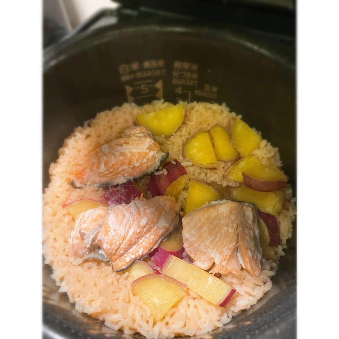 森麻季さんのインスタグラム写真 - (森麻季Instagram)「モリごはん🍚 ✴︎ ・秋鮭とさつまいもの炊き込みご飯 ・タコのサラダ ・鷄の照り焼き ・ズッキーニとトマトの重ね焼き ✴︎ 【タコのサラダ】 義母から教えてもらいました😀  セロリ、生姜の千切り、カイワレは一旦氷水へ🍳この手間だけでシャキッとします♫ぶつ切りのタコと合わせてポン酢で和えます🐙そのあと、フライパンで煙が出るくらい温めたごま油をジュジュジュッと回しかけ出来上がり💯あさつきや紫蘇を入れても美味しいです✨この日はたまたまカイワレがあったので♫  #新入りの青い皿 #気に入ってます #この日は大人3人分ごはん #炊き込みご飯は1歳4ヶ月の息子も気に入ったみたい #グアムのことはまた更新したいのでお付き合いください #家ごはん #おうちごはん #手作りごはん #モリごはん #晩ご飯 #献立 #cooking #japanesefood #夕飯 #器 #秋ご飯 #男の子ママ #1歳4ヶ月 #1y4m #1歳」10月2日 10時47分 - maki.mori_m