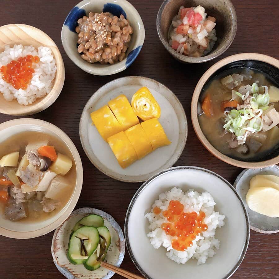原田沙奈子さんのインスタグラム写真 - (原田沙奈子Instagram)「ただいま日本🇯🇵 通常運転のはじまりは和朝食。 冷蔵庫にあったもので具沢山豚汁を作り、卵焼きに納豆、胡瓜と生姜の漬物にご飯といくら。 そして、あっくんが作ったシーフードマリネ。←帰国したら冷蔵庫にあった♡ ちゃんと玉ねぎとトマトがみじん切りしてあって、ほっこりした。  2週間のバリでは食べて飲んで遊んで祈って楽しく過ごせました。 さーて！お仕事バリバリっとしたいと思います。 旅行もお仕事も好きだなぁーと改めて感じてる。 あの時間があるからこの時間も大切と思えるんだろうな。 #おうちごはん#あさごはん#和朝食#サナコ_お料理」10月3日 10時29分 - sanakoharada