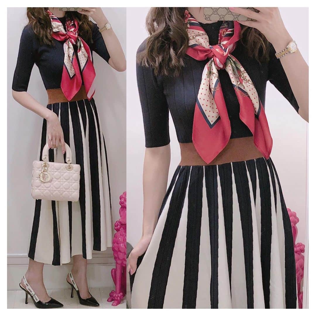 のインスタグラム：「＊﻿ ＊﻿ coordinate 。♡﻿ ﻿ ﻿ onepice:eimyistoire﻿ shoes:dior﻿ bag:dior﻿ ﻿ ﻿@eimyistoire_official のスカーフニットワンピ 。♡ このスカーフが可愛いんだな 。♡ バイカラーなワンピも可愛い 。♡ ﻿ ﻿ #coordinate #code #outfit #ootd #wear #fashion #コーディネート #コーデ #コーデ記録 #ファッション #ファッションコーデ #おまみ服 #dior #diorbag #ディオール #eimyistoire #onepiece #ワンピース #ニットワンピ #ワンピースコーデ #スカーフコーデ #秋服コーデ #秋服 #diorshoes #christiandior #クリスチャンディオール #eimy #エイミーイストワール #スカーフアレンジ #ニットワンピース」
