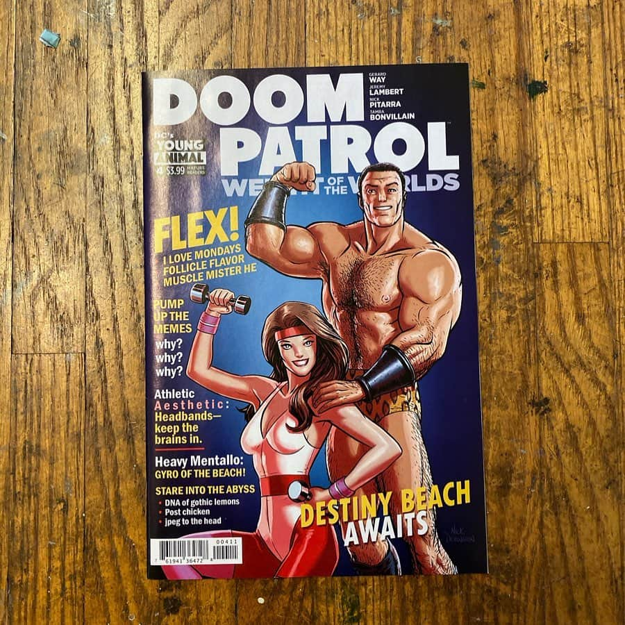 ジェラルド・ウェイさんのインスタグラム写真 - (ジェラルド・ウェイInstagram)「Doom Patrol: Weight of The Worlds Issue 4— out now! This issue was super fun to write. The idea for Destiny Beach had been floating around in my head for a while. I wanted to write a Flex-centric issue for this run with Jeremy, and I love the way Jeremy writes Flex. Jeremy and I recorded a podcast (Comic Book Commentary with Ben Blacker, link in bio) for this one, with us going through the issue page by page, called. Nick Derington (our cover artist) and I had been talking about doing a Doom-focused podcast episode or two where we walk through the books on our runs and our process for a while, so it was good to get in there and finally do something like that. Hope you enjoy this one if you’re checking it out. Nick Pitarra handled the line art for this one, and it’s obvious he was born to draw Flex.  Tamra Bonvillain handled the colors on this one, as she has for most of the run on DP, and as always I’m in love with what she did. Simon Bowland handled the lettering, and it’s great. Jeremy and I approach the scripts for this run as very stream-of-consciousness style writing, and we sit in the same office working on a live document, going back and forth. It’s been fun.  Oh and of course, last but not least, a beautiful Nick Derington cover with lots of crazy text. He wanted it to look like an old fitness mag and it works extremely well in my opinion.  #doompatrol #dcyounganimal #dccomics  @jeremyfranklambert @nickderington @tamra.bonvillain @simonbowlandlettering @nickpitarra」10月5日 0時04分 - gerardway