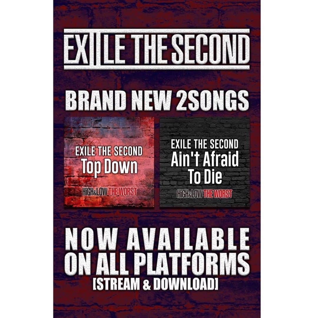 月刊EXILEさんのインスタグラム写真 - (月刊EXILEInstagram)「【EXILE THE SECOND】 本日より配信スタート‼️ EXILE THE SECOND「Top Down」 「Ain’t Afraid To Die」2曲同時デジタル・リリース🎧  映画「HiGH&LOW THE WORST」がいよいよ公開🎦 その挿入歌となるEXILE THE SECONDの新曲「Top Down」「Ain't Afraid To Die」の楽曲配信が、10/4(金)0:00より各音楽配信サービスにて順次スタート🔥  両曲とも思わずボリュームを上げてしまいたくなる、EXILE THE SECONDならではの個性が際立つROCKナンバーです🎶  久しぶりとなる新曲リリースを映画「HiGH&LOW THE WORST」と合わせてぜひお楽しみください‼️. .  楽曲ダウンロードはこちらから↓ 「Top Down」 https://lnk.to/ets_20191004_topdown . . 「Ain't Afraid To Die」 https://lnk.to/ets_20191004_aatd」10月4日 18時32分 - exile_magazine