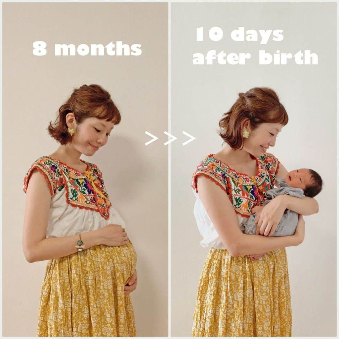 むらたさきさんのインスタグラム写真 - (むらたさきInstagram)「♡♡ ． やってみたかった、 ． before🤰 >>> after🙋‍♀️👶♡ ． ． 臨月頃の写真で比べたら、 もっとちがいがわかるかな〜🙌☺️💡 ． ． ． ． 明日は、 長男の保育園最後の運動会🏃‍♂️✨ ． ． プログラムや園便りを読んだだけで泣けてくるので、 (気が早いっ👏😂) ． 明日はちゃんと 目に焼き付けられるようにせんと✊🥺 ． ． ． 竹馬もリレーも体操も、 長男の色んな姿を見られるのが楽しみやなぁ☺️🥰 (年長さんは1人ずつ係の仕事もあるらしいので、そんな様子も👍) ． がんばれー🚩♡ 母ちゃんは1番の味方＆応援隊長やよー📣☺️ ． ． ． ． ． ． ． #9月10日生まれ ． #妊娠8ヶ月 #生後10日目 の頃👶」10月4日 18時47分 - muratasaki