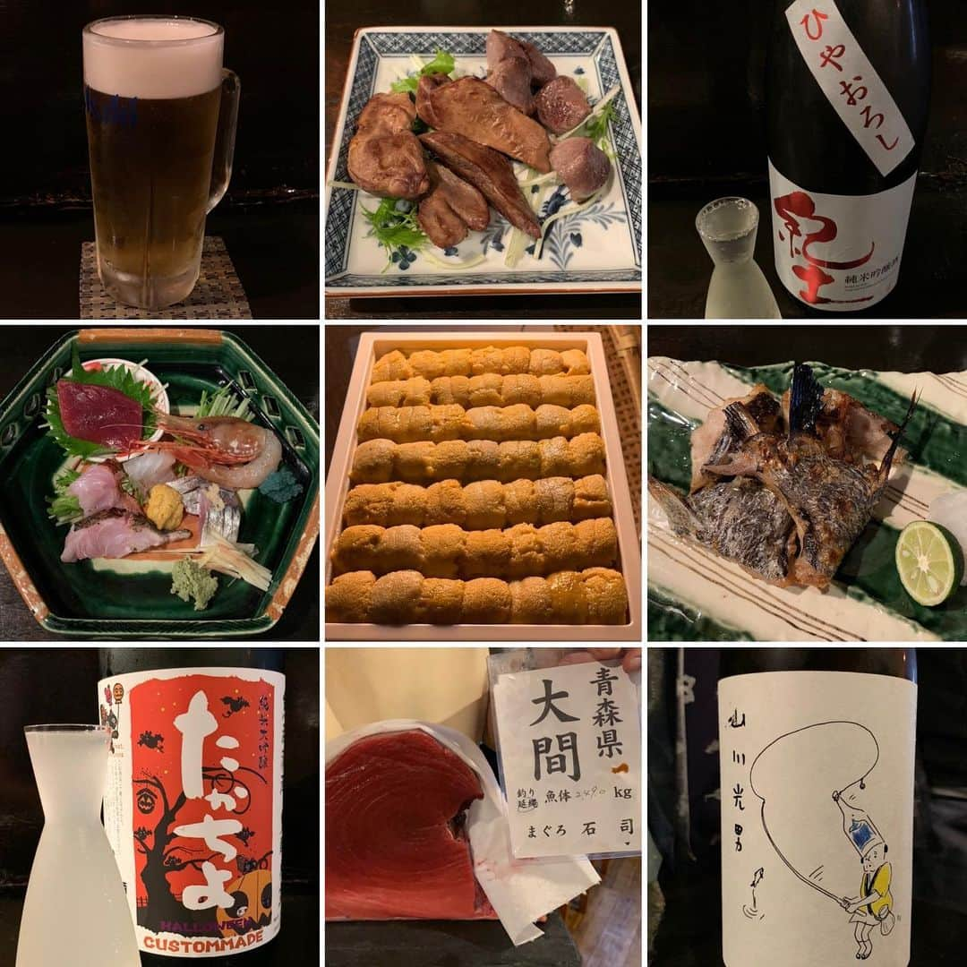 くろさんのインスタグラム写真 - (くろInstagram)「今週もお疲れちゃんでした🍺🍶 この店舗の個人事業主は、消費税増税のキャッシュレス決済の申請してないらしい😱 まぁ、でも美味しいからいいか😋 #お疲れちゃんビール #シャモロック #宮内庁ご用達 #ひやおろし #紀土 #お一人様 #刺身盛り合わせ #生雲丹 #うに #雲丹 #黒むつ #黒むつ塩焼き #たかちよ #大間鮪 #大間まぐろ #大間マグロ #まぐろ石司 #山川光男 #2019秋 #男山 #東光 #楯野川 #山形正宗 #いい具合に酔っぱらい」10月4日 19時51分 - m6bmw