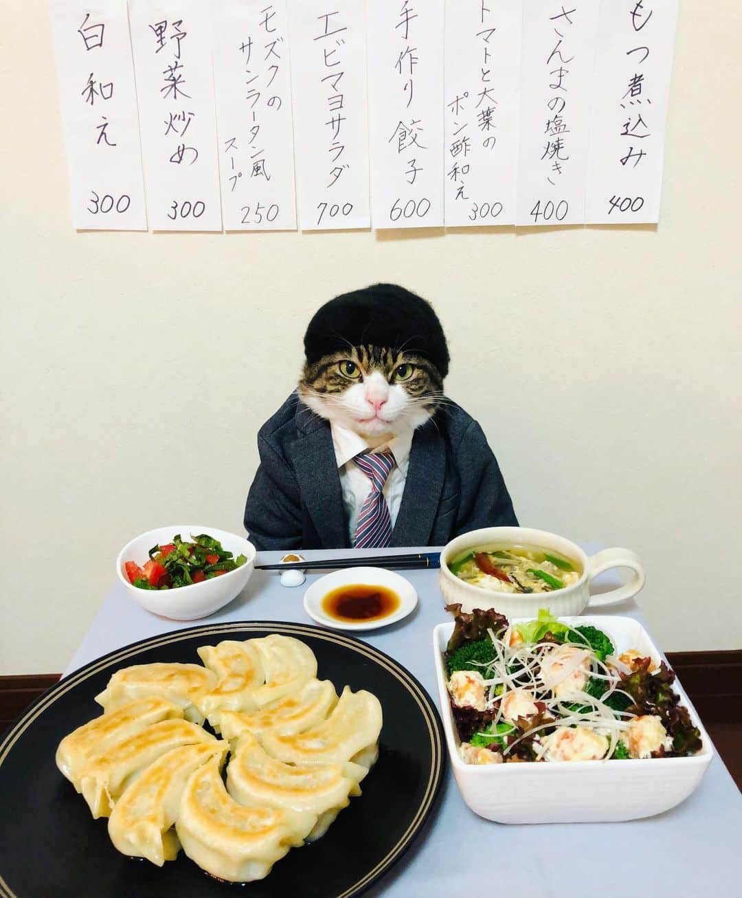 マロさんのインスタグラム写真 - (マロInstagram)「孤独のグルメSeason8スタート‼️ 🥢Today's menu🥢 ・餃子 (Dumpling) ・エビマヨサラダ (shrimp with mayonnaise ) ・トマトと大葉のポン酢和え (Tomato and Shiso with ponzu sauce) ・もずくのサンラータン風スープ (Mozuku seaweed's Sun Rattan Soup) ☆ いつもコメントありがとうございます😸🙏💕 返信出来なくてすみません🙇‍♀️ 全て拝見しています🐾 ☆ Thank you for your kind comments😸🙏💕 I'm sorry that I couldn't reply. ☆ #cat#cats#catsofinstagram#😻 #food#japaneseculture#suit  #businessman#にゃんすたぐらむ #ねこ#ネコ#猫#ねこ部#ふわもこ部  #孤独のグルメ#井之頭五郎#料理 #孤独のグルメシーズン8 #猫との暮らし」10月4日 20時37分 - rinne172