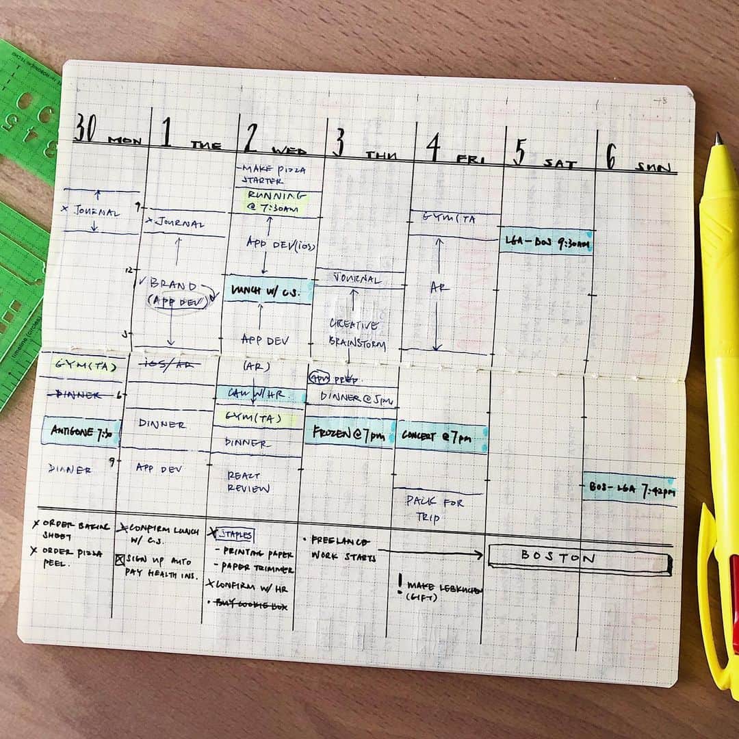 Dara M.のインスタグラム：「My faux weekly for now. The vertical by hour layout has definitely grown on me this year. I get a better sense of how many hours I actually have throughout the day when I need to fill in the tasks within the boxes instead of over-scheduling. #bulletjournal #minimalistbujo #planner #bujo #plannercommunity #planneraddict #journaling  #hobonichi  #artjournal #diary #ほぼ日手帳  #手帳 #ジブン手帳 #hobonichiweeks #ほぼ日手帳  #ほぼ日weeks」