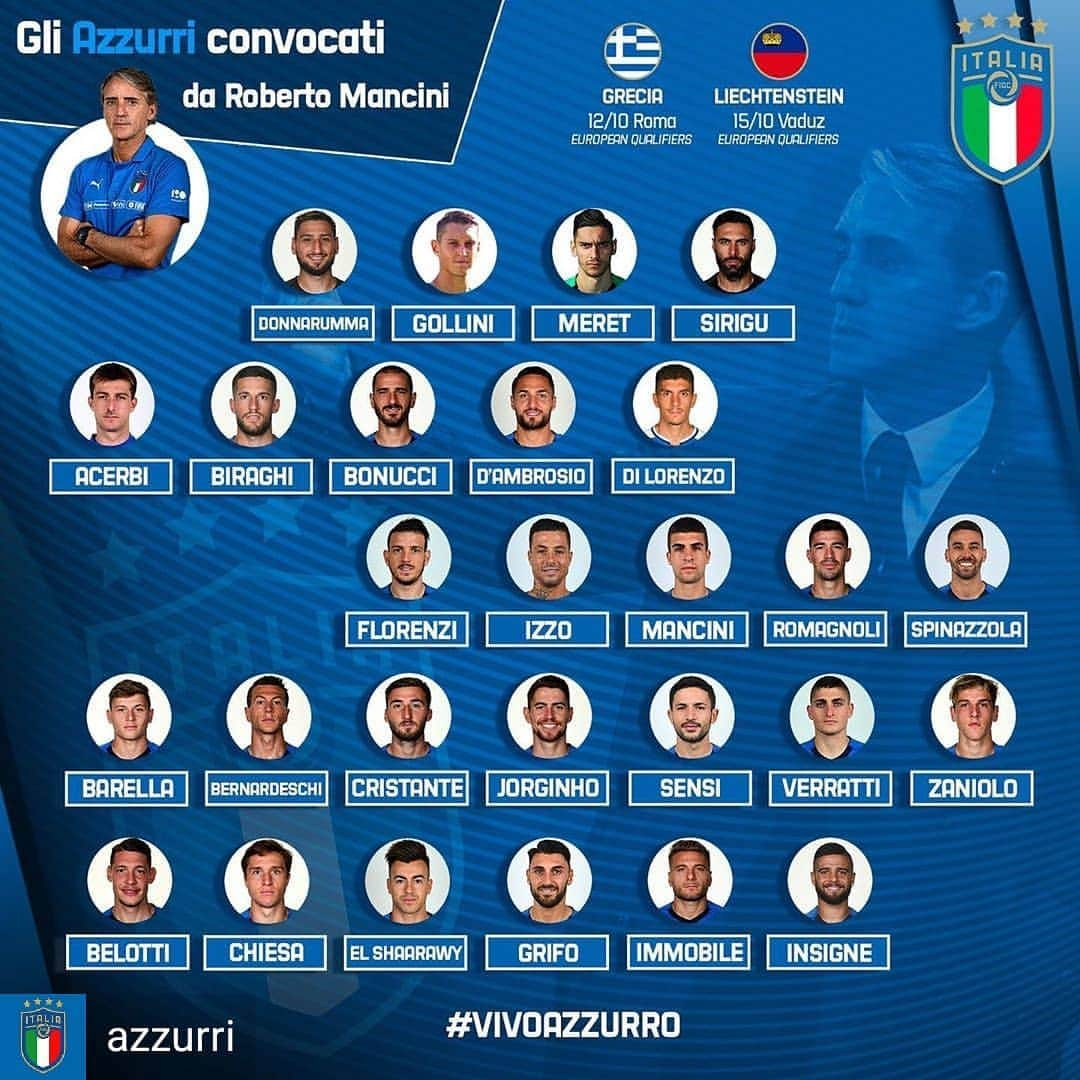 ロベルト・マンチーニさんのインスタグラム写真 - (ロベルト・マンチーニInstagram)「#Repost @azzurri  I convocati per le gare di qualificazione a #Euro2020 contro #Grecia 🇬🇷 e #Liechtenstein 🇱🇮 #Nazionale 🇮🇹 #VivoAzzurro  #Mancio」10月5日 4時35分 - mrmancini10