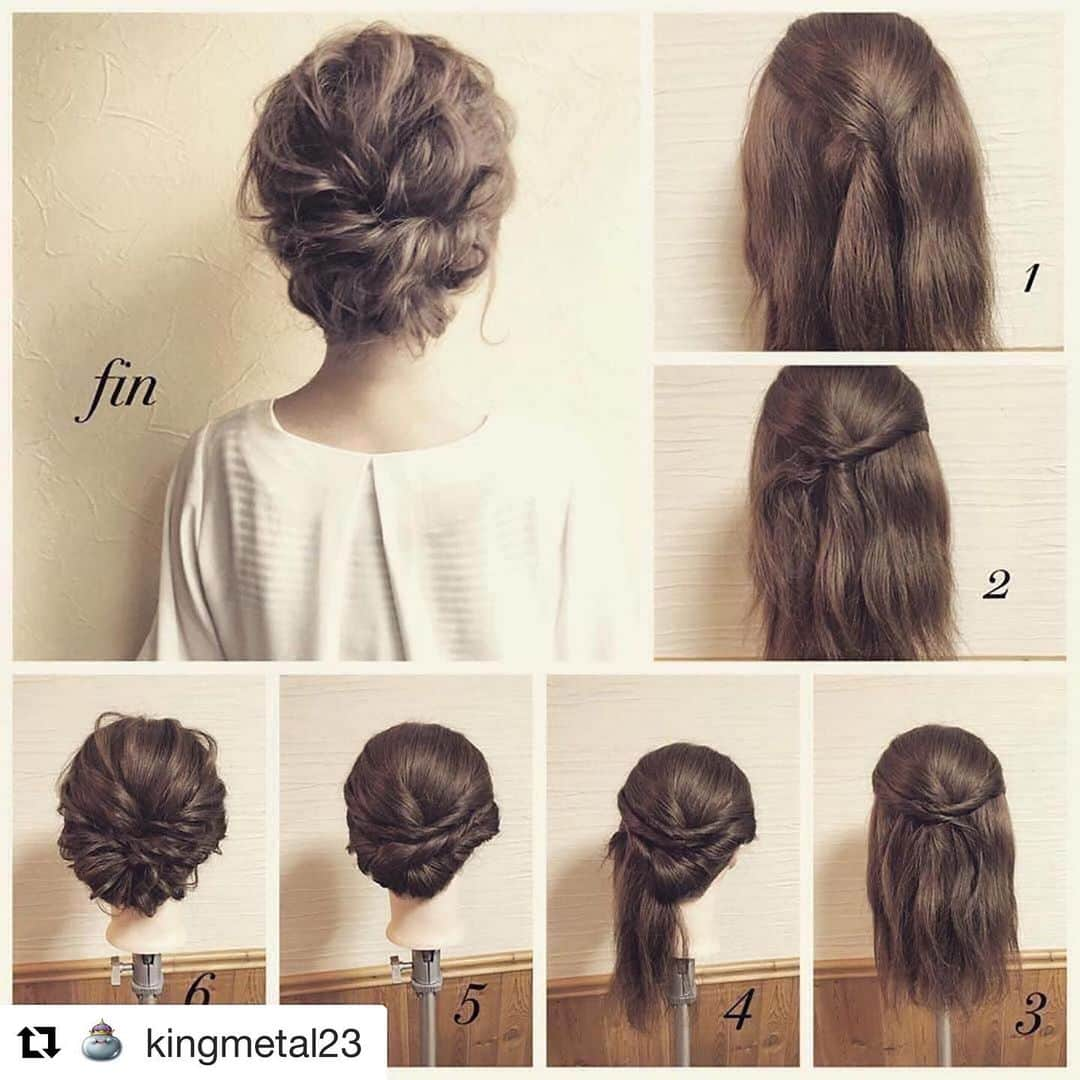 kingmetal23 ヘアアレンジさんのインスタグラム写真 - (kingmetal23 ヘアアレンジInstagram)「ヘアレシピ。 こんばんは😃 以前のヘアレシピを再リポストしております。  ①図のようにツイストしてピン打ちをします。 ②右はちうえもツイストしてセンター付近にピン打ちします。 ③左サイドも同様にします。 ④右サイドの残りをネープと一緒にツイストして左耳付近にピニングし毛先を中にいれます。 ⑤左サイドも同様にします。 ⑥好みに崩していき完成です。 finツイストのみで出来る簡単可愛いアレンジになっています😊  #美容院#神戸#美容室#ロカリ#兵庫#三宮#元町#トアウエスト#栄町#姫路#垂水#三田#西宮#神戸美容室#アントテン#antten#簡単アレンジ#ヘアアレンジ解説 #ヘアアレンジ動画 #簡単ヘアアレンジ #アレンジ動画 #アレンジ解説 #ロカリヘア#updo#大人かわいい」10月5日 22時32分 - kingmetal23