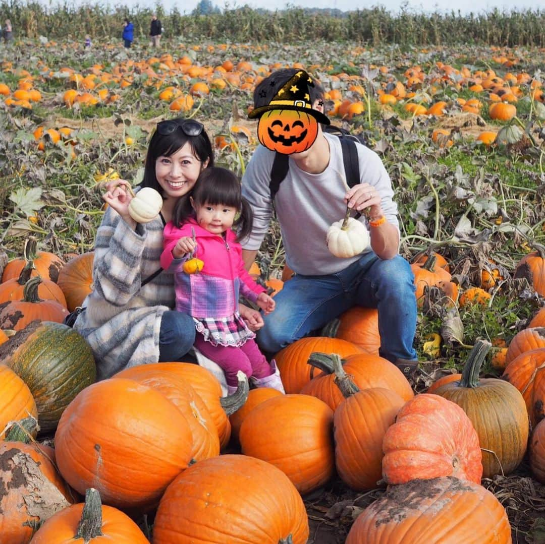 栗山麗美のインスタグラム：「Pumpkin Patch🎃👻 ・  今年もカボチャ狩りへ♡ ・  アメリカではこの時期、ハロウィンのジャックランタン用のカボチャを自分で畑に行って選びます♪ ・  去年は娘の方がカボチャよりはるかに小さくて抱きつくことしか出来なかったけど🤣（👉写真最後） ・  今年はお気に入りのカボチャを自分で見つけて楽しんでいました🎃💕 ・  トランポリンやスライダーなどアクティビティー満載のこちらのfarmは子連れに大人気❣️ ・  大人もApple Tasting🍎や可愛い干草のペインティングなど見どころ満載で楽しめました🙌✨ ・  約800kgの巨大カボチャを クレーンで吊り上げて→カウントダウン→落とす ・  というアメリカらしいイベントも迫力満点で面白かった😂😂😂 ・  アップルサイダーも美味でした🍏🍎 ・  来週のリンゴ狩りも楽しみー🙌✨✨ ・  #pumpkinpatch #pumpkin #Halloween #bauman’farm #oregon #portland #アメリカ暮らし#ポートランド生活 #ポートランド #パンプキンパッチ #ハロウィン #アメリカ育児 #アメリカ子育て」