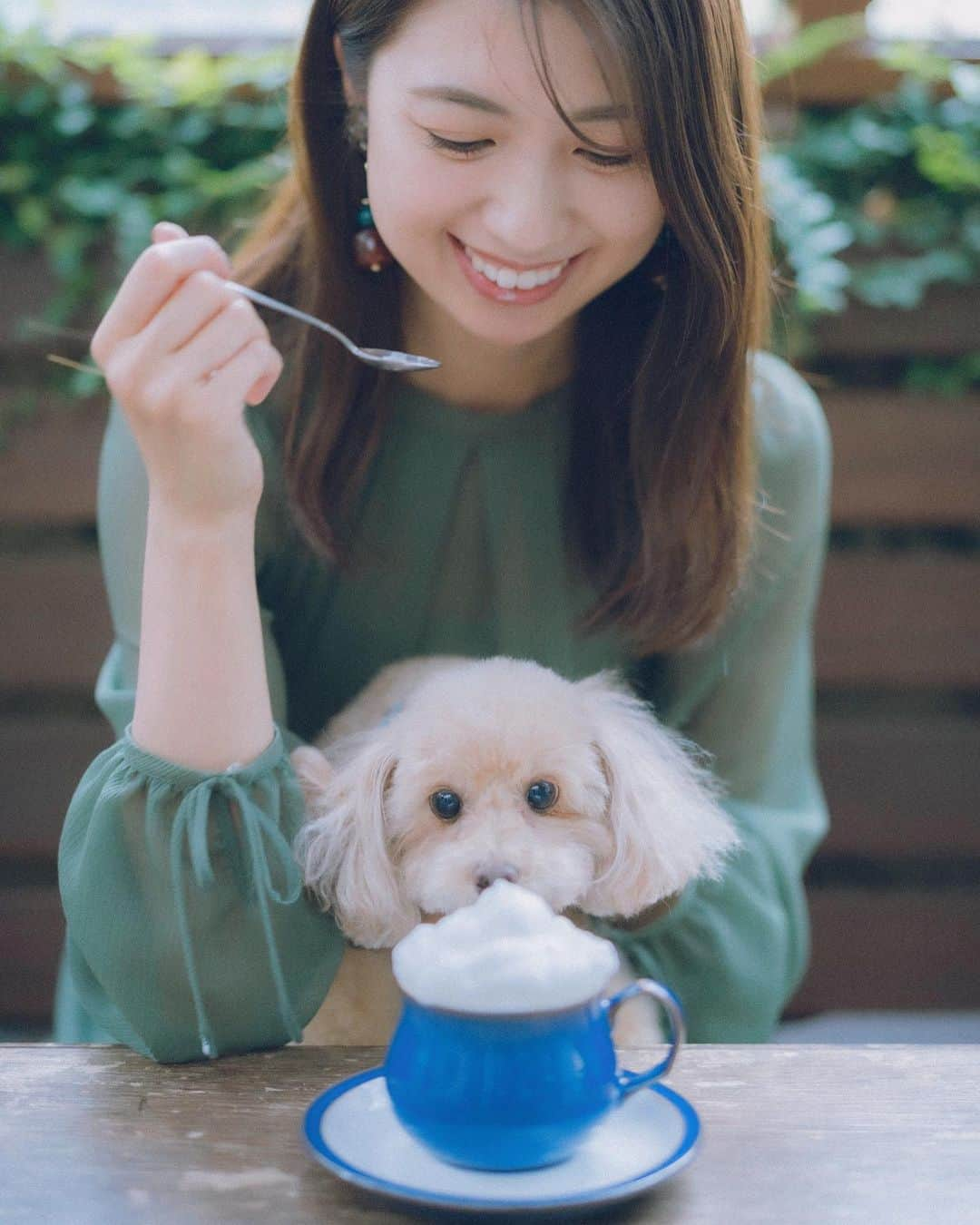 mikicoco00のインスタグラム：「* * * もこもこカプチーノ☕︎ 「何だこれは？」 っていい顔してる🐶笑 * * テラス席が気持ち良かった〜🌿 秋も沢山お出掛けしたいな🍇🍁 * * * * * #休日#ランチ#lunch #cafe巡り#ティラミス #ラテ  #カプチーノ#cafe#テラス#秋 #あんめる#dog#犬#犬がいる生活  #autumn #onepiece#green#fashion」