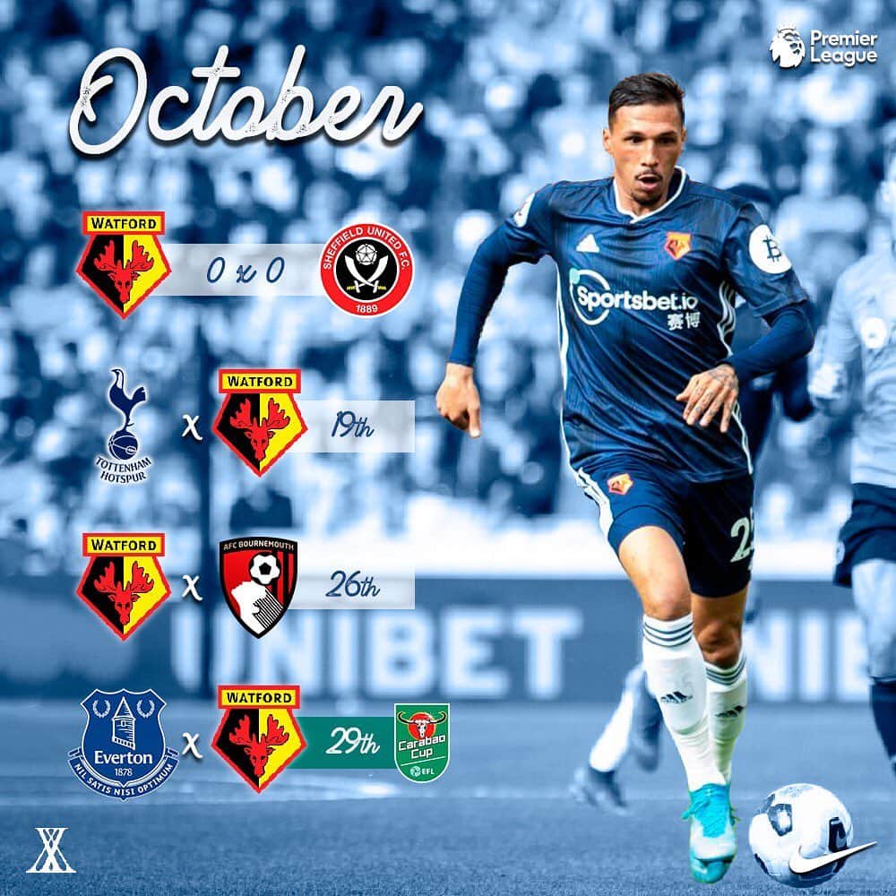 ヨゼ・ホレバスのインスタグラム：「Going into October with a mission. Let’s go @watfordfcofficial! #premierleague #watfordfc #schedule #nikefootball」
