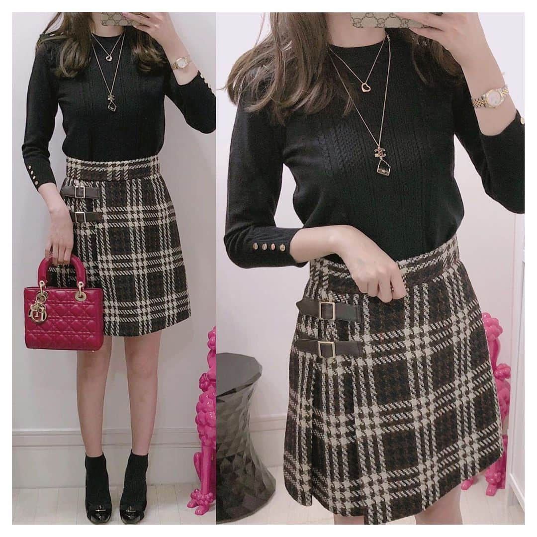 おまみのインスタグラム：「＊﻿ ＊﻿ coordinate 。♡﻿ ﻿ ﻿ tops:﻿Rirandture skirt:﻿Rirandture shoes:ferragamo﻿ bag: dior﻿ ﻿ ﻿ @rirandture_official のチェックスカート 。♡ ブラウンなチェックって可愛い 。♡ 色んなトップス合わせたいな 。♡ ﻿ ﻿ #coordinate #code #outfit #ootd #wear #fashion #コーディネート #コーデ #コーデ記録 #ファッション #ファッションコーデ #おまみ服 #dior #diorbag #ディオール #ferragamo #フェラガモ #ferragamoshoes #rirandture #リランドチュール #秋服コーデ #秋服 #チェックスカート #checkskirt #コーデ日記 #チェックコーデ #クリスチャンディオール #christiandior #salvatoreferragamo #今日のコーデ」