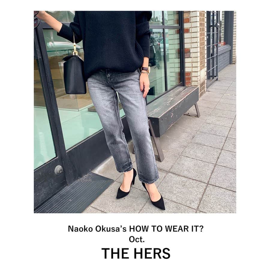 のインスタグラム：「Naoko Okusa’s ﻿ "HOW TO WEAR IT?"﻿ in Los Angeles﻿ ＿＿＿＿＿＿＿＿＿＿＿＿＿＿＿＿﻿ ﻿ ﻿ Recommend model 02.﻿ 【THE HERS】﻿ ﻿ Style : 825307-BDA﻿ #BLACKDIAMOND﻿  23,000 yen + tax ﻿ ﻿ ＿＿＿＿＿＿＿＿＿＿＿＿＿＿＿＿﻿ ﻿ ﻿ HERS、やっぱり私の体型に合うみたい。﻿ ﻿ くるぶし丈も、太ももが少しシャープに﻿ 見えるシルエットも。﻿ ﻿ ブラックダイアモンドという、 ﻿ ステキな色も大好きです（笑）。﻿ ﻿ 何色とでも合うのも嬉しい！﻿ ﻿ ﻿ by Naoko Okusa﻿ ﻿ ＿＿＿＿＿＿＿＿＿＿＿＿＿＿＿＿﻿ ﻿ *着用サイズ 24 / 身長 #162cm﻿ ﻿ 大草直子さんによる着回し連載﻿ シーズンの注目アイテムをご紹介！﻿ ﻿ その他の商品情報や﻿ お取り扱い店舗につきましては﻿ 下記の代表窓口へお問い合わせくださいませ。﻿ 03-5728-8788﻿ ＿＿＿＿＿＿＿＿＿＿＿＿＿＿＿＿﻿ ﻿ #howtowearit #着回し #連載 ﻿ @naokookusa #大草直子 さん ﻿ @ayaco_suzu ﻿ @upperhights ﻿ #upperhights #new﻿ #denim #jeans #shooting #LA﻿ #アッパーハイツ #デニム #ジーンズ﻿ #ミッドライズ #ボーイフレンドデニム﻿ #zanchetti ﻿ #ootd #outfit #intheknowgl」
