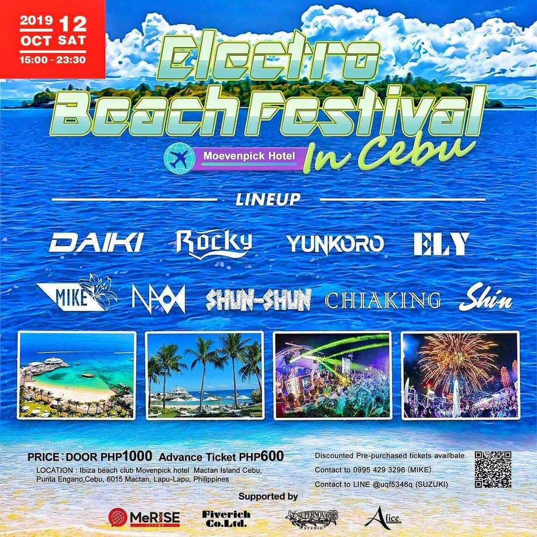 佐藤エリのインスタグラム：「♡ . . 【Electro Beach Festival】 . ■DAY：2019.10.12（Sat） ■OPEN : 3:00pm～0:00am ■GENRE：Dance music . ■Artist DAIKI,Rocky,YUNKORO,ELY,MIKE,NAOKI,SHUN-SHUN,CHIAKING,Shin.adop,Rai etc... . ■LOCATION：Ibiza Beach Club Cebu(Mövenpick Hotel内) . ■ADDRESS：Moevenpick Hotel Mactan Island Cebu, Punta Engano, Cebu, 6015 Mactan, Lapu-Lapu, Philippines . ■TEL (032) 492 7777 . ■PRICE：DOOR PHP1000,Advance Ticket PHP600 (Let me contact if you need advace ticket!!!!!) . . ■VIP TABLE ※ご希望の方は主催者または招待者までご連絡をお願いします。 . ■Supported by MeRISE Fiverich,Inc, Supernova . 今月12日セブマクタン島でヨーロッパのリゾート地を模倣させるハイセンスなホテルのビーチクラブにてビーチフェスを開催！！ . 会場は5つ星ホテルMOEVENPICK RESORT HOTEL内にある【Ibiza Beach Club】 . The Venue this time is in "Ibiza Beach Club" which within MOEVENPICK RESORT HOTEL, a 5 star hotel. . Ibiza Beach ClubはMOEVENPICK RESORT HOTELの吹き抜けのエントランスを抜けてプールサイドを少し歩くと透き通るようなホワイトカラーに統一されたお洒落な会場が海の目の前に広がります。 . Ibiza Beach Club is a stylish venue that is unified in white color, it transparently spread in front of the sea and you can walk a little on the poolside through the entrance atrium of MOEVENPICK RESORT HOTEL . ヨットの帆のようなホワイトレースがそこら中に張り巡らされ、ウッドデッキビーチにラグジュアリーなジャグジーも完備し目の前は美しいビーチという最高のロケーション。 . In a wood deck where you can enjoy the gorgeous view of the sea while in a luxurious jacuzz. It's the best location! White Laced Yachts are also stationed and spread around everywhere . サンセット前にパーティーがスタートし夜風を浴びながら最高の音楽と共に踊るも良し、この日各国からたくさんの方が集まるので皆で仲良く飲みながら語るもよし。それぞれの楽しみ方が出来るビーチフェスです。 . Right before sunset, the party starts! Chat while drinking and get along with everyone as well as dance along with the best music while soaking up in the night breeze. A lot of people gather just for this day. It is a party for our own way to enjoy ourselves. . 今回遂に開催13回目となり、巨大泡マシーンも導入され、イビサを模倣させる泡パーティーそして美しいビーチが目の前に広がる中でのロケーションでスペシャルバージョンとして開催！！ 10月12日はセブ島にてエレクトロビーチフェス最高の思い出を皆で作りたいと思います！日本からもまだまだ参加可能なので皆様大集合よろしくお願いします！！ . . #セブ#セブ島#セブ島旅行 #モーベンピックホテルマクタンアイランドセブ #マクタン島#五つ星ホテル#パーティー#cebu#dj#MOEVENPICK RESORTHOTEL#party#Ibiza#EDM#festival」