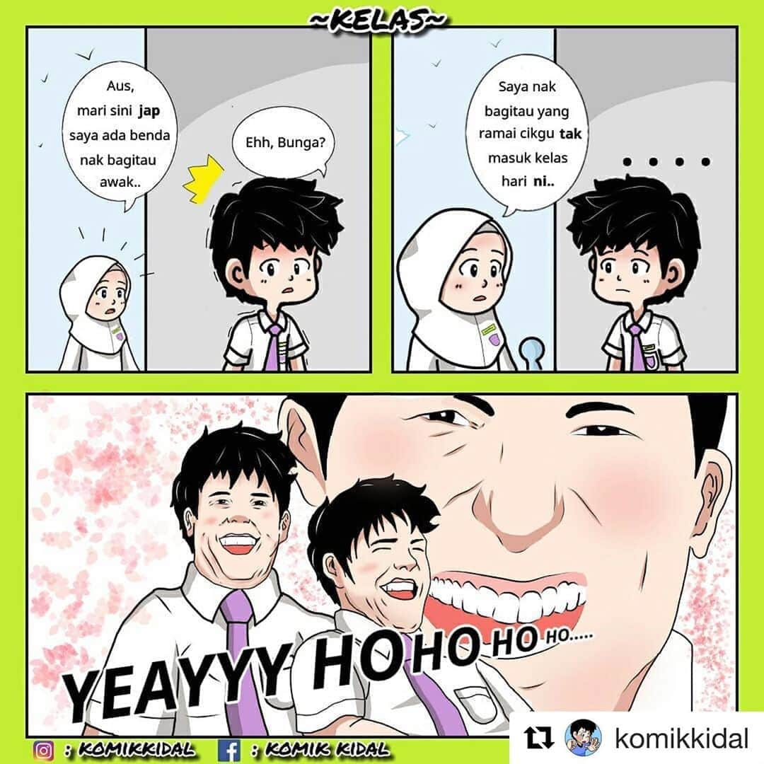 Koleksi Komik Malaysiaさんのインスタグラム写真 - (Koleksi Komik MalaysiaInstagram)「#Repost @komikkidal with @get_repost ・・・ Antara ayat yg paling disukai oleh pelajar sekolah " wei harini cikgu tak masuk kelas" 😂HAHAHAHAH......apa perkara yg korang rasa paling best kat sekolah..comment kat bawah yer 🙆...tag rakan korang yg perangai macam Aus 🙋. . . . . . . ______________FOLLOW_______________ ____🔻LIKE/COMMENT/SHARE🔻___ .....................@komikkidal ..................... . . follow @komikkidal untuk lebih banyak hiburan dan nasihat setiap minggu.Terima kasih ats sokongan anda.Jangan lupa like dan sebarkan komik ni kepada ahli keluarga dan rakan2 yer.. . . #ko #komikmalaysia #komikkidal #k #komik #gengkomik #lawak #lawakhambar #malaysia #melayu #indonesia #viral #komikmuslim #hambar #exam #sabah #sarawak #trending #popular #mememalaysia #meme #sekolah」10月8日 23時13分 - tokkmungg_exclusive