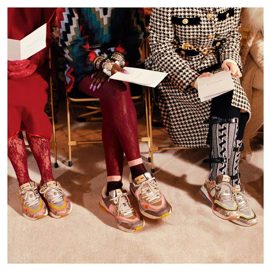 グッチさんのインスタグラム写真 - (グッチInstagram)「Up close with the #GucciUltrapace, the new sneaker by @alessandro_michele crafted in four distinct colorways for women, mixing printed leather with distressed suede, reflective fabric and mesh trim. A closer look shows House details further embellishing the retro sports influenced shape, now available in store. Discover the sneaker in a story through link in bio. #AlessandroMichele #GucciFW19」10月9日 1時32分 - gucci