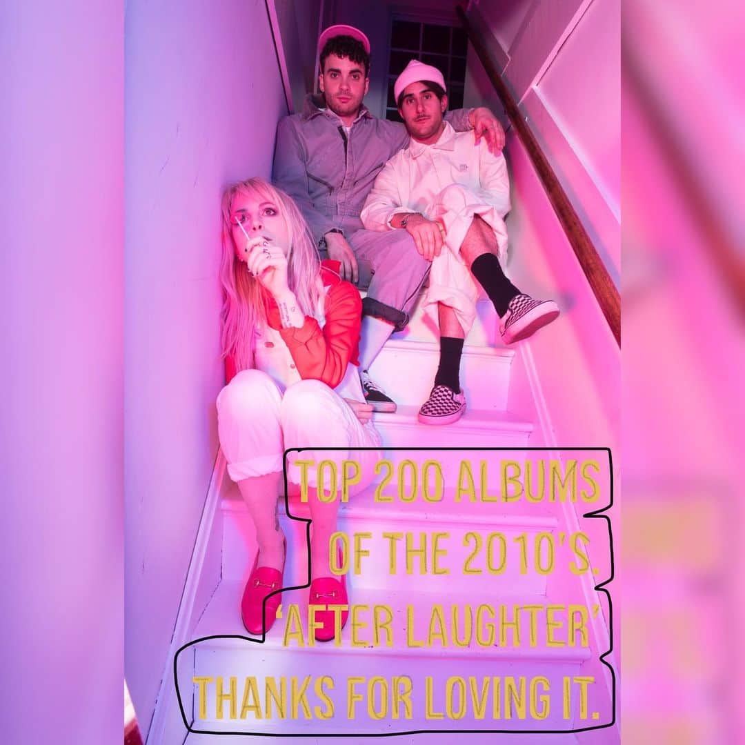 Paramoreのインスタグラム：「@pitchfork named After Laughter one of the best albums of the 2010’s. we’re so grateful for the love this album has received over the years. even though we make music purely for the love of it, we still care a lot what people think. it’s very cool to see our work sit comfortably on a list with so many artists we admire. thank you friends, for making it yours... and thanks Pitchfork for seeing far past google images of our neon skinny jeans and haircuts, straight through to the heart of the matter. which is that Paramore is a forever thing, year-end lists or not. ❤️🙃🙏🏼」