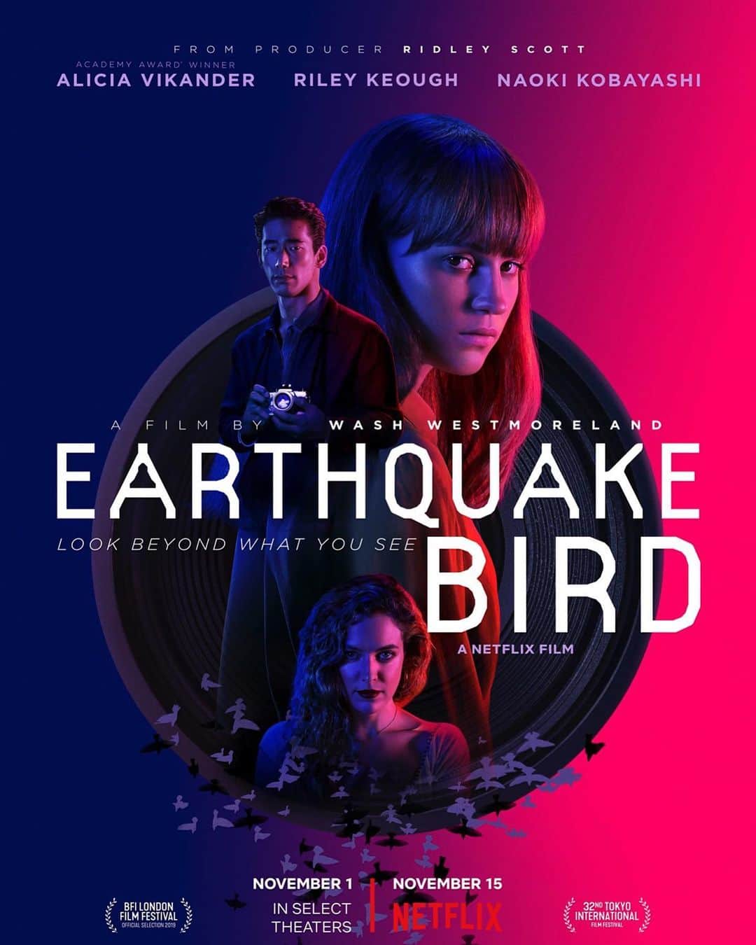 アリシア・ヴィキャンデルのインスタグラム：「The first poster for Wash Westmoreland’s ‘Earthquake Bird’ starring Alicia Vikander, Riley Keough and Naoki Kobayashi. Out on Netflix on November 15.」