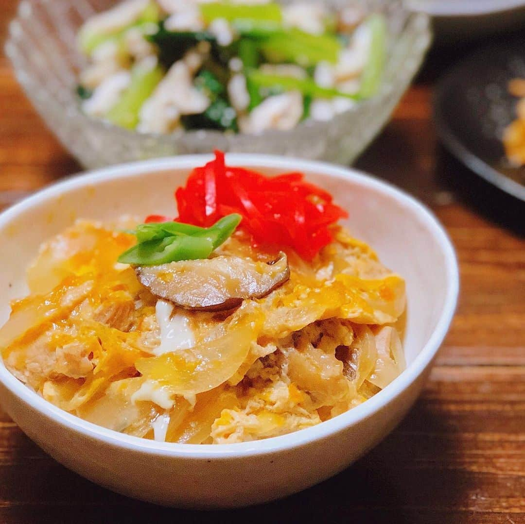 ゆうきさんのインスタグラム写真 - (ゆうきInstagram)「いつかの親子丼晩ごはん。 とろとろたまごのタイミング逃したけど…🙄 レシピ載せます。 ・ ・ 〜親子丼〜 【材料(2人分)】 ○温かいごはん2人分 ○鳥もも肉120g→小さめの一口大に切る ○椎茸2個→スライスする ○玉ねぎ小1/2個→スライスする ○溶き卵2個分 A醤油大さじ1.5 Aみりん大さじ1.5 A砂糖小さじ1 A和風顆粒だし小さじ1/3くらい ・ ・ 【作り方】 ➀小さめのフライパンに、150mlの水を入れて火にかける。煮立ったらAと鶏肉、玉ねぎ、椎茸を入れ、弱火で約5分煮る。  ➁ ➀に溶き卵を回し入れて蓋をし、お好みの卵の状態になるまで加熱する。温かいごはんにのせて完成。 ・ ・ 副菜には 焼きなすに、 餃子の皮のチーズ揚げ。 半分に切ったベビーチーズを餃子の皮で巻いて爪楊枝で止めたのを、揚げました。塩でいただきます。  茹でササミは小松菜ときのこで和えました。 ✏︎簡単なレシピ⬇︎ 〜ササミと小松菜ときのこの和え物〜 小松菜ときのこはさっと茹でて冷水にとり、水気をしっかりきる。 茹でササミは食べやすく割いて、 鶏がらスープの素、ラー油、ごま油、塩、白ごまで 和えました。 おつまみに良いです。 ・ ・ ・ #晩ごはん#夜ご飯#夕食#おうちごはん#レシピ#簡単レシピ#親子丼#マカロニメイト#フーディーテーブル#モグナレシピ部#金麦 #dinner#japanesefood#foodpic#yummy」10月24日 19時21分 - yuukitohikari